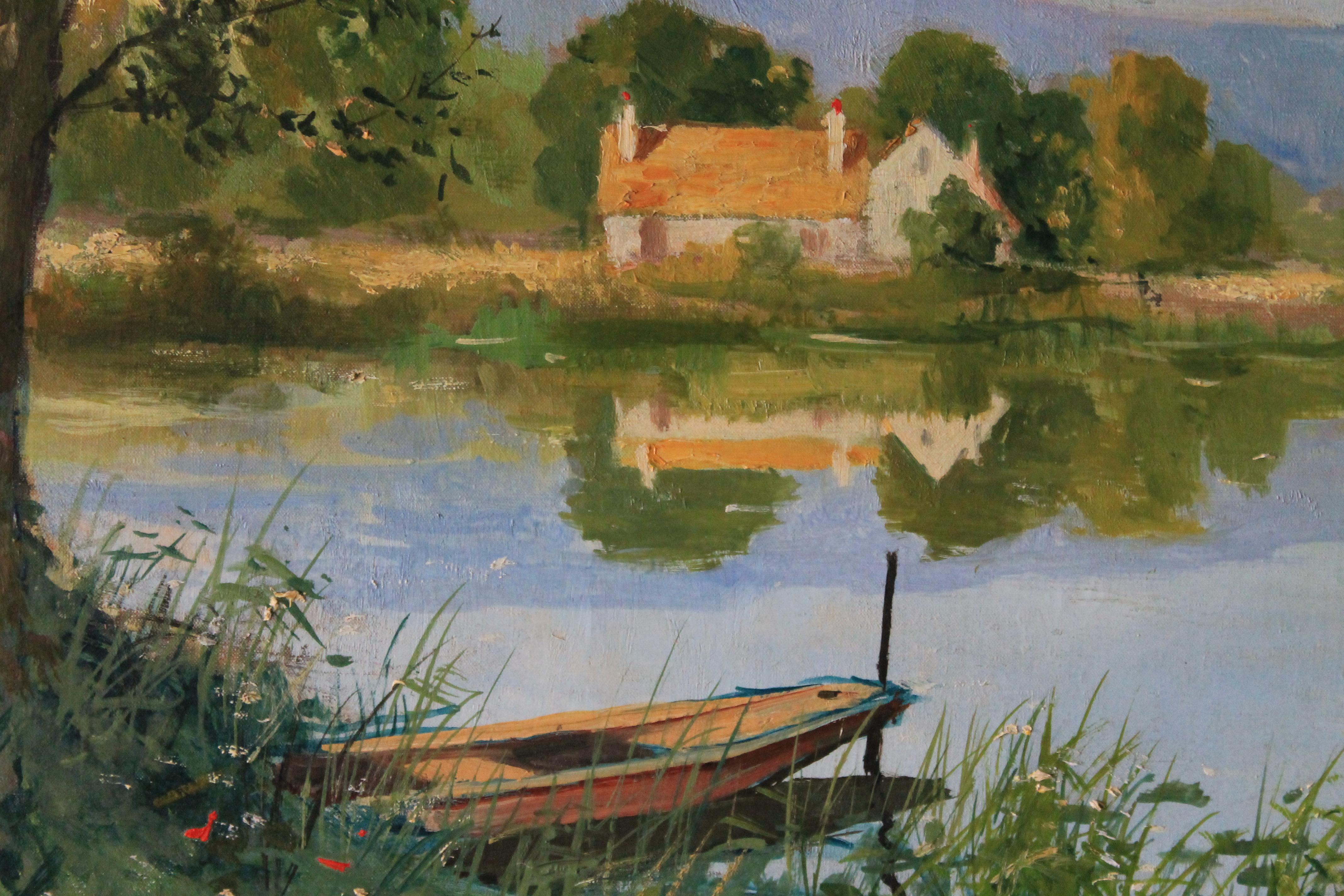 Pittura ad olio di paesaggio d'epoca, paesaggio fluviale di Amedee Boucher 6