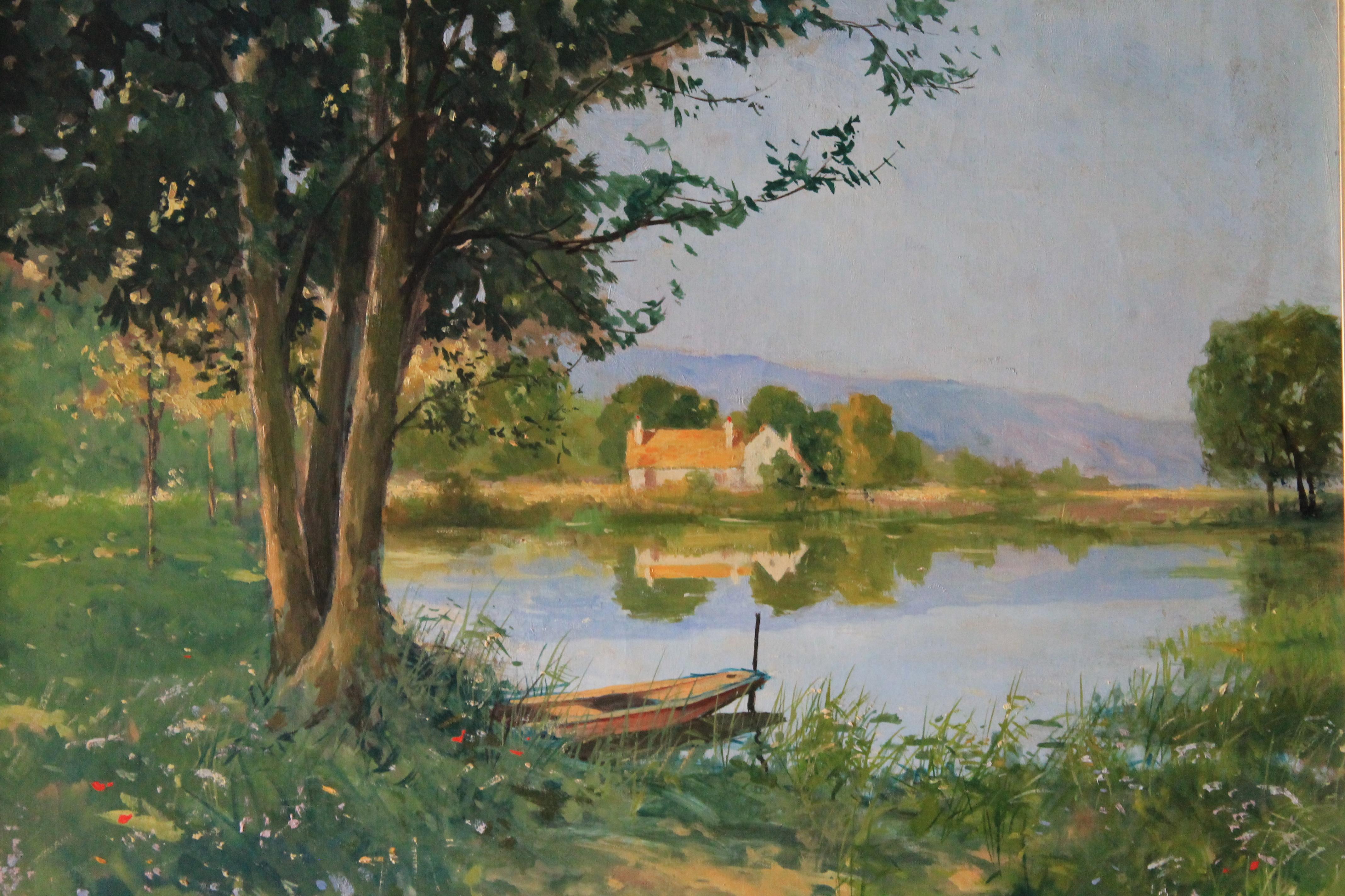 Pittura ad olio di paesaggio d'epoca, paesaggio fluviale di Amedee Boucher - Painting di Amédée Boucher 