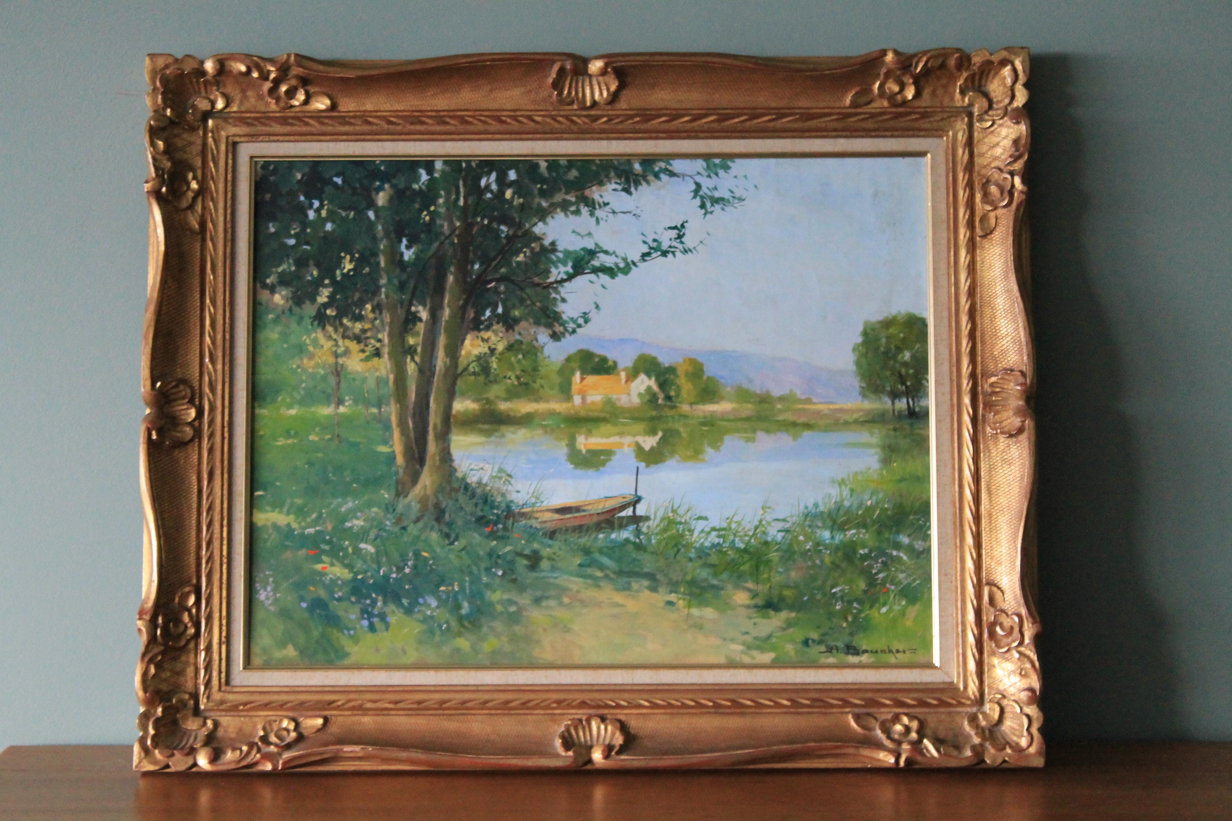 Pittura ad olio di paesaggio d'epoca, paesaggio fluviale di Amedee Boucher - Landscape Painting Marrone di Amédée Boucher 