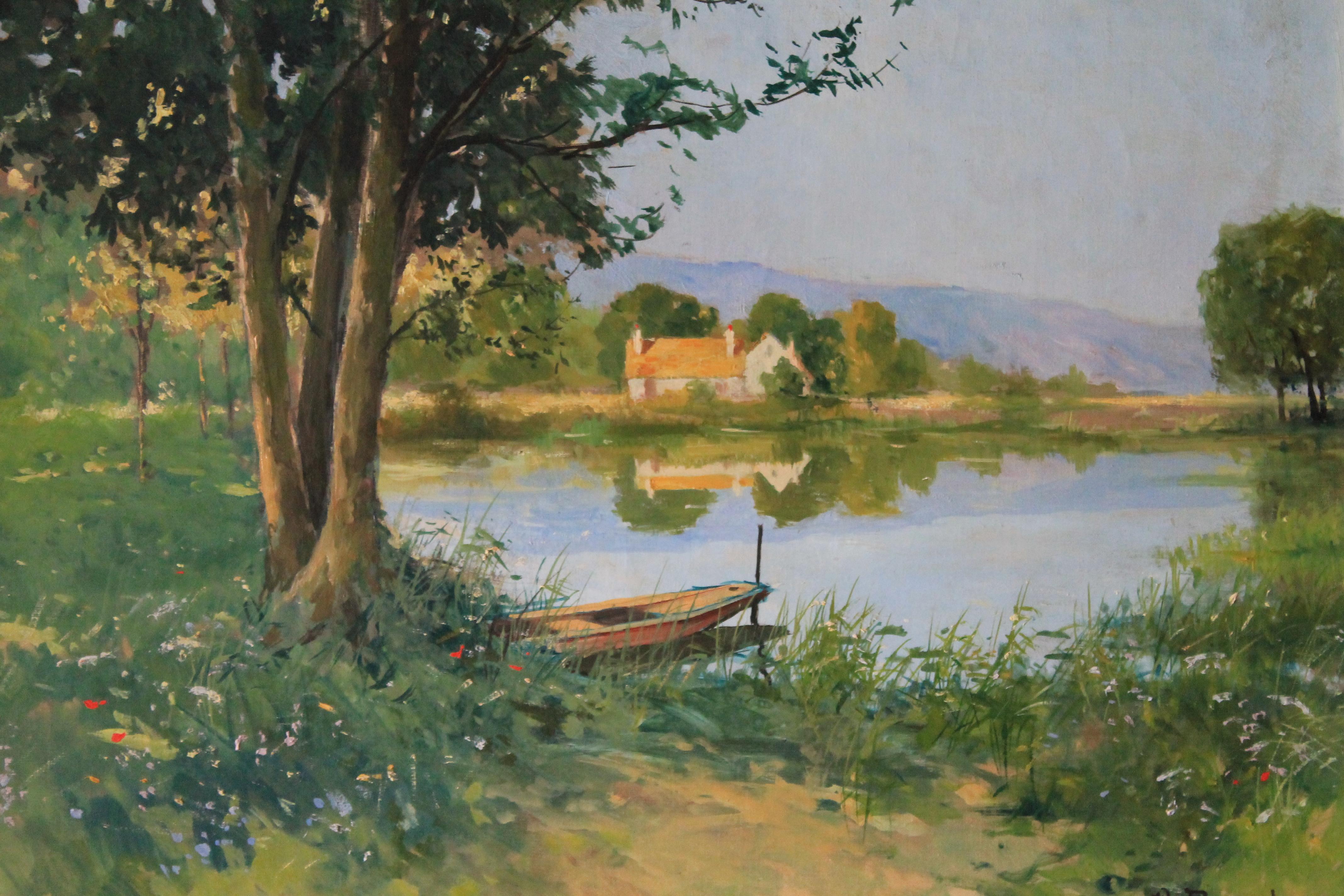 Grande dipinto ad olio originale d'epoca di un paesaggio fluviale francese, firmato in basso a sinistra, A Boucher (Amedee Boucher (1899-1960).  Un paesaggio attraente e leggero, tradizionale nella sua composizione con il ritratto rilassato e
