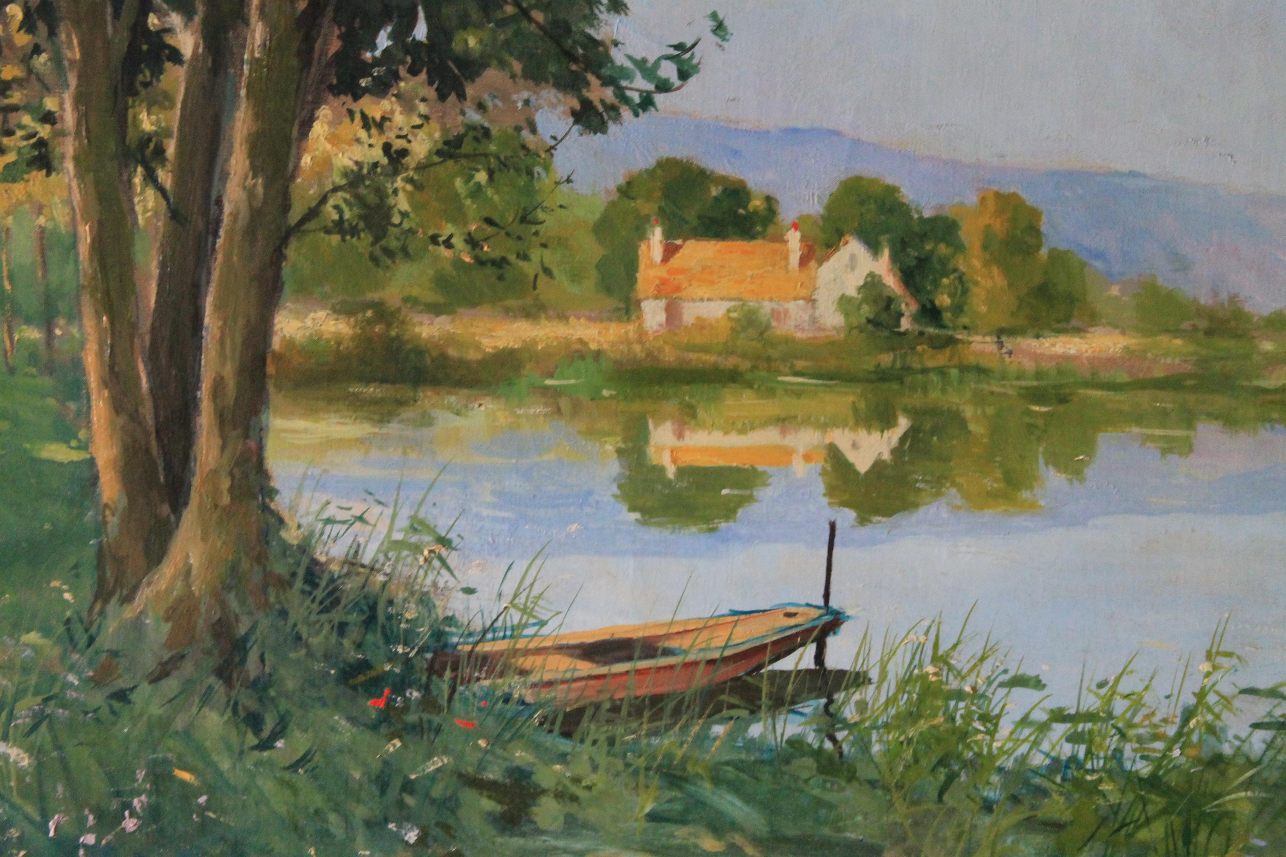 Pittura ad olio di paesaggio d'epoca, paesaggio fluviale di Amedee Boucher 1
