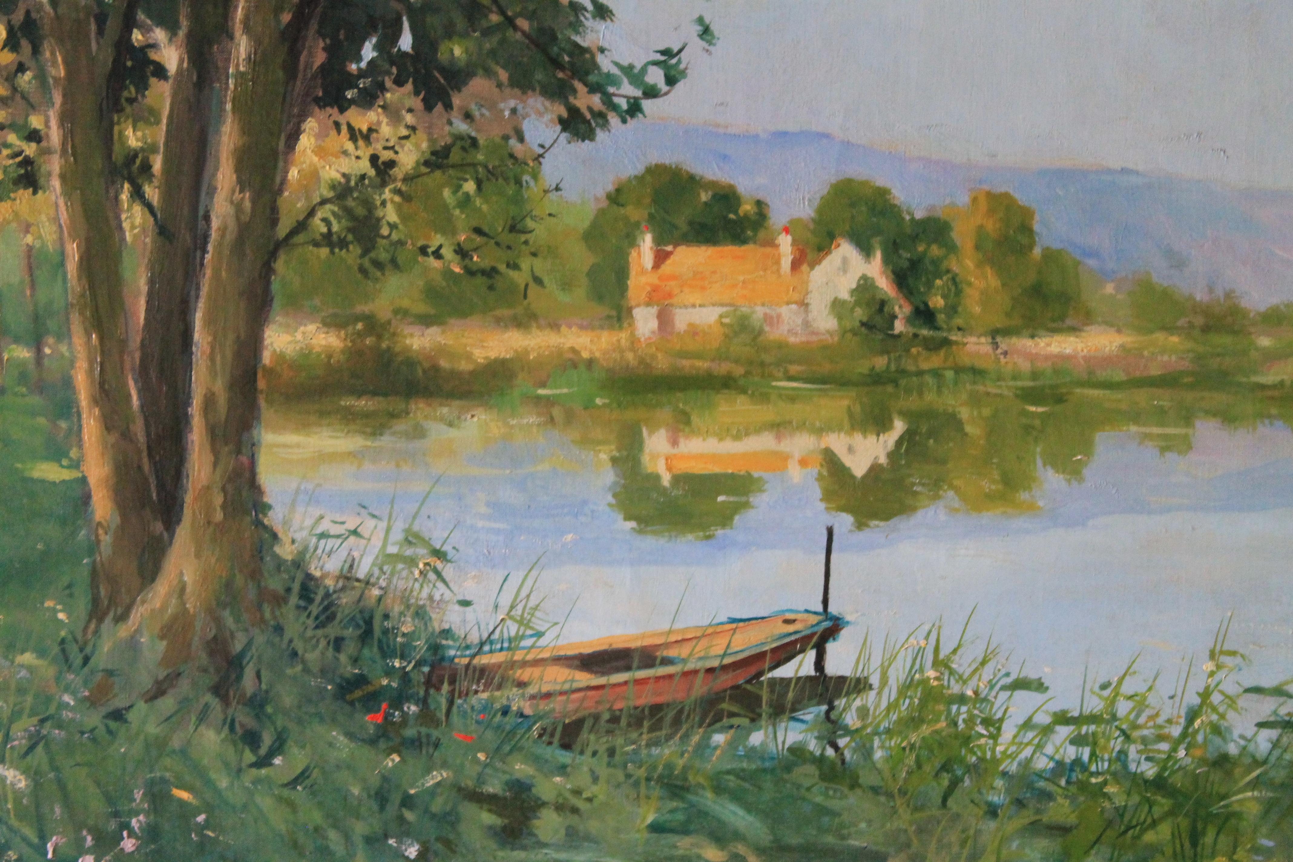 Pittura ad olio di paesaggio d'epoca, paesaggio fluviale di Amedee Boucher 2