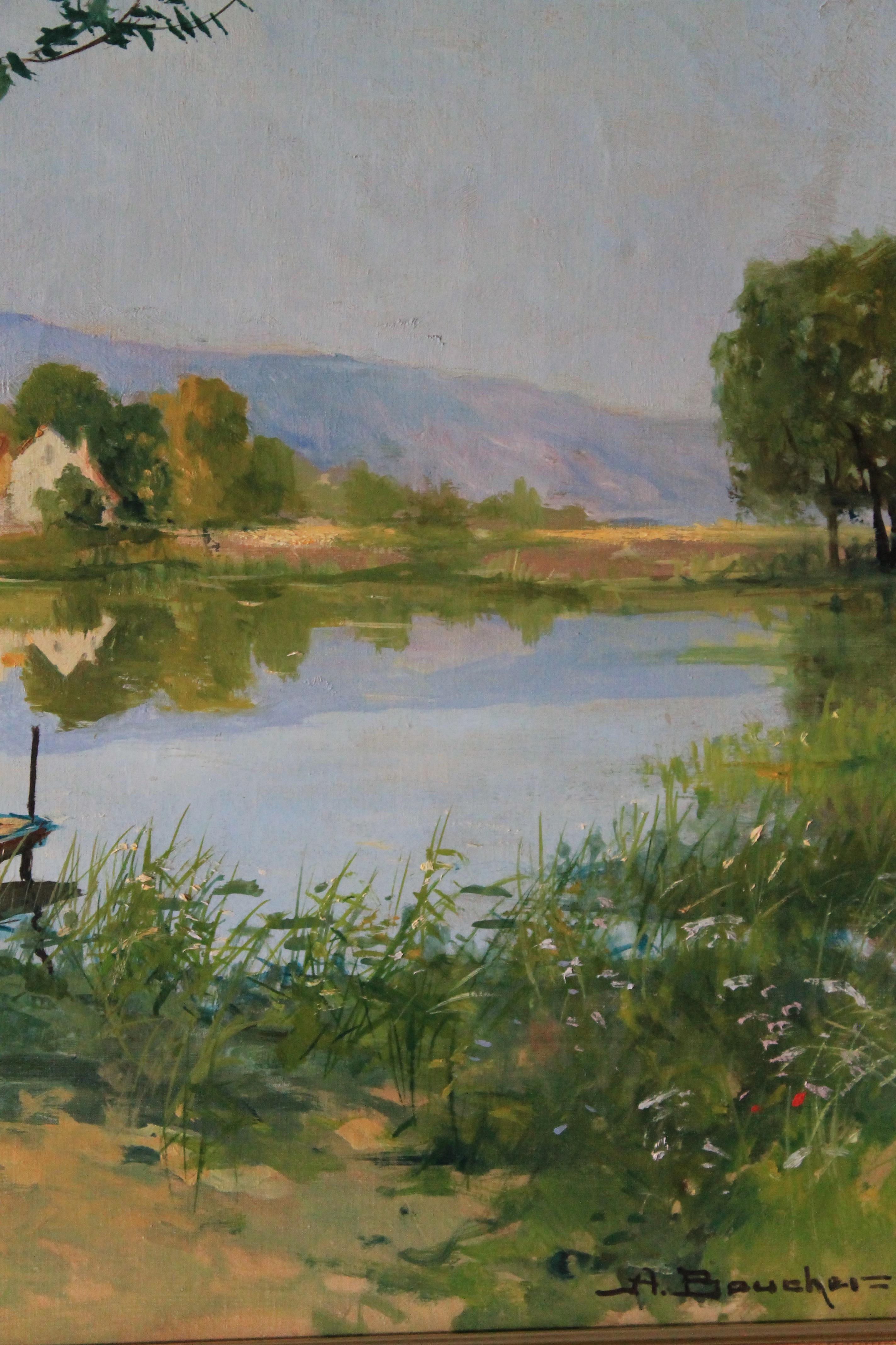 Pittura ad olio di paesaggio d'epoca, paesaggio fluviale di Amedee Boucher 3