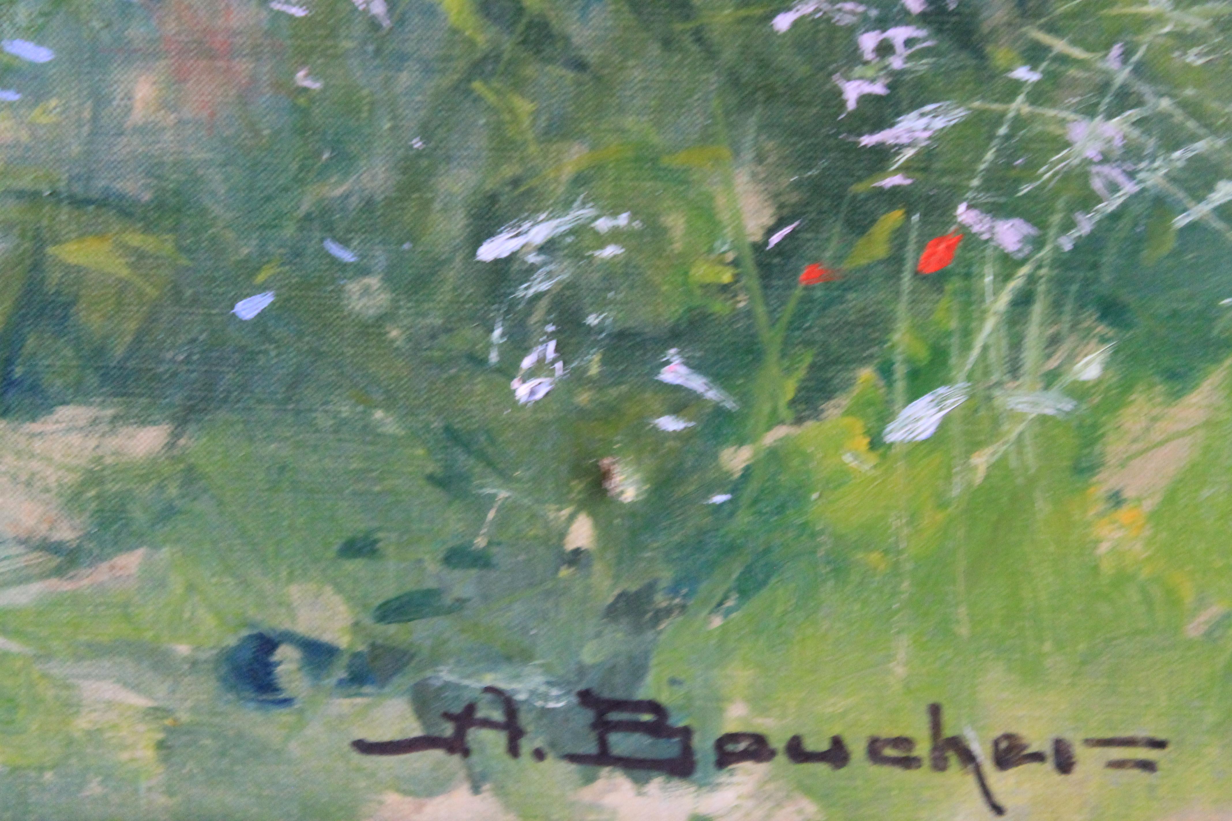 Pittura ad olio di paesaggio d'epoca, paesaggio fluviale di Amedee Boucher 4