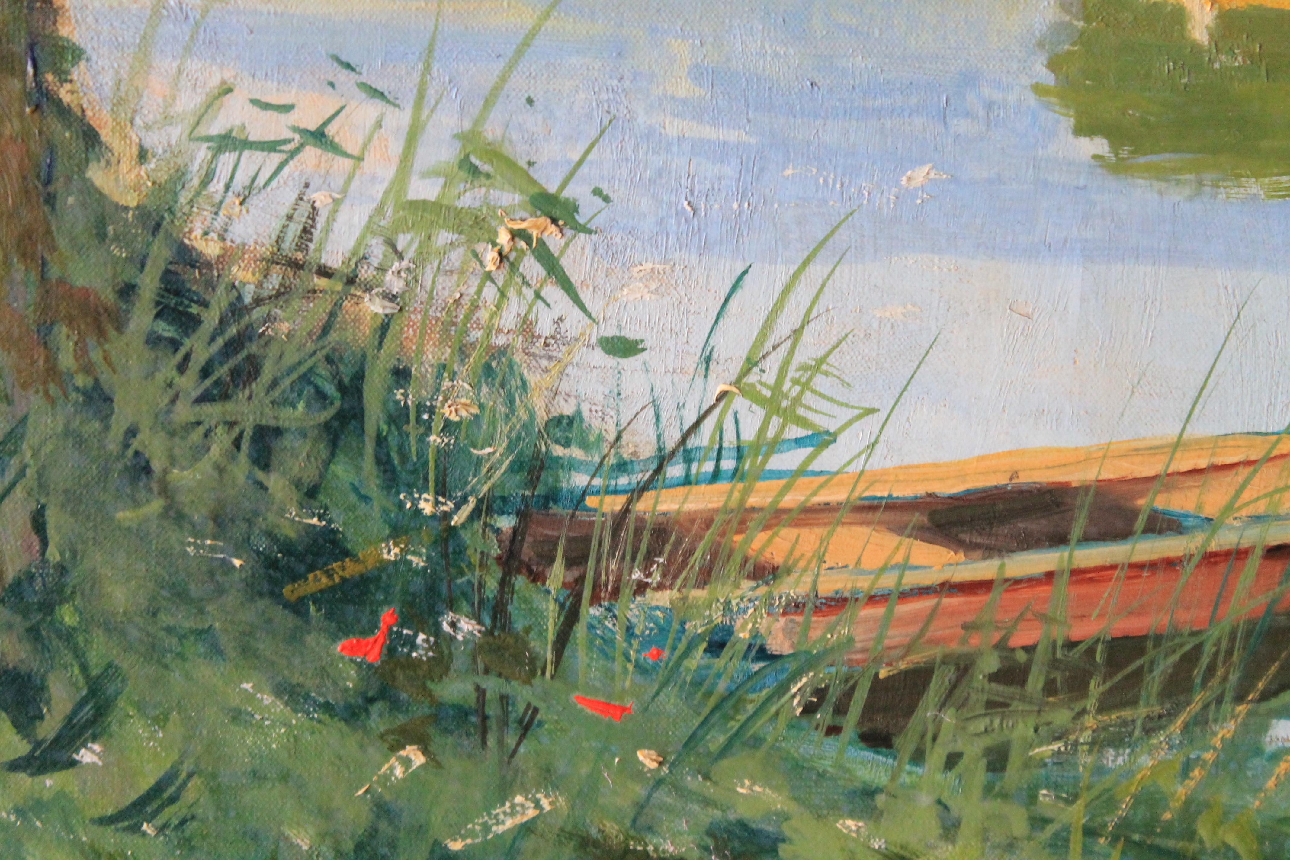 Pittura ad olio di paesaggio d'epoca, paesaggio fluviale di Amedee Boucher 5