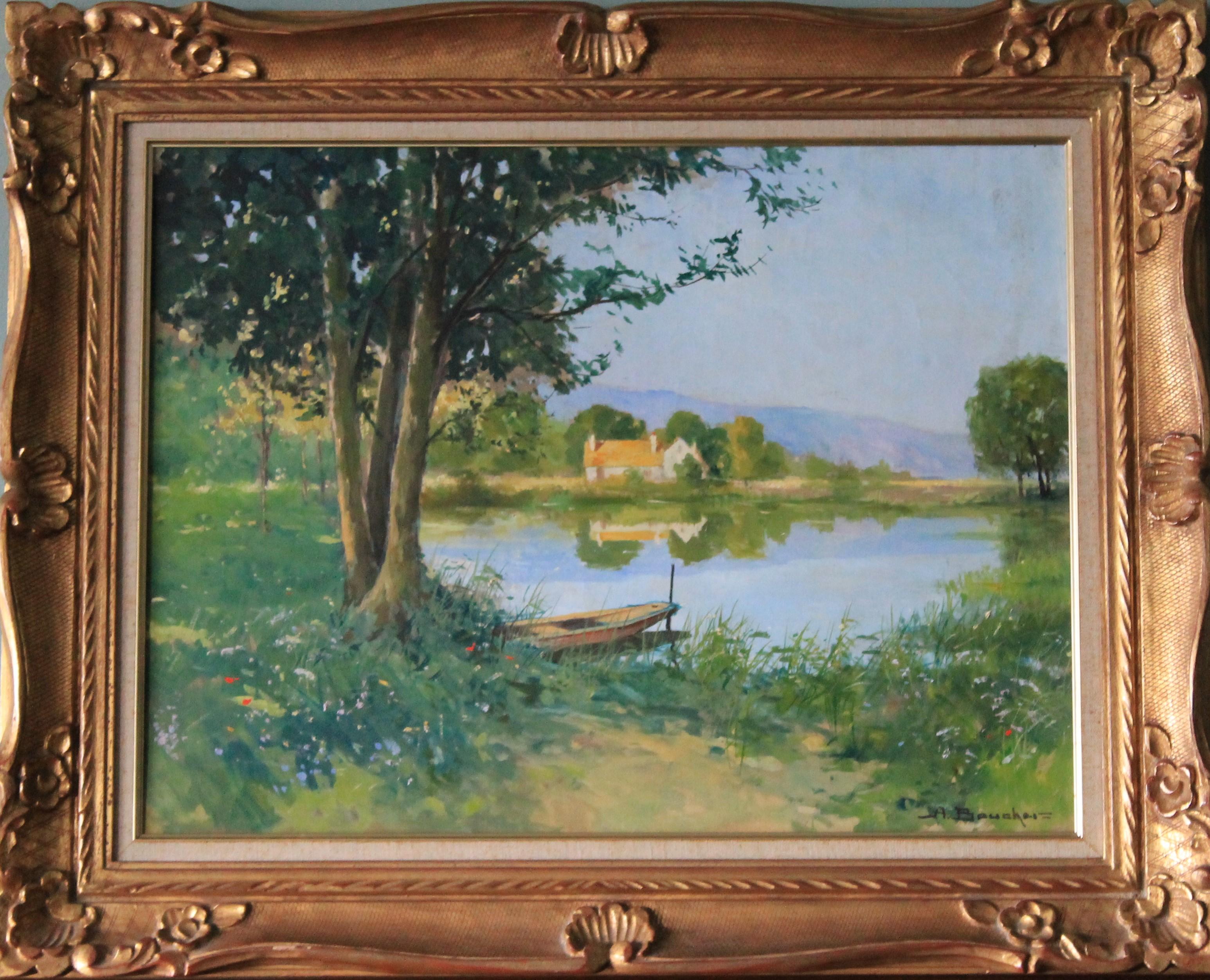 Landscape Painting di Amédée Boucher  - Pittura ad olio di paesaggio d'epoca, paesaggio fluviale di Amedee Boucher