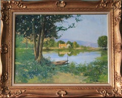 Vintage landscape oil Painting, riverscape oil painting by Amedee Boucher