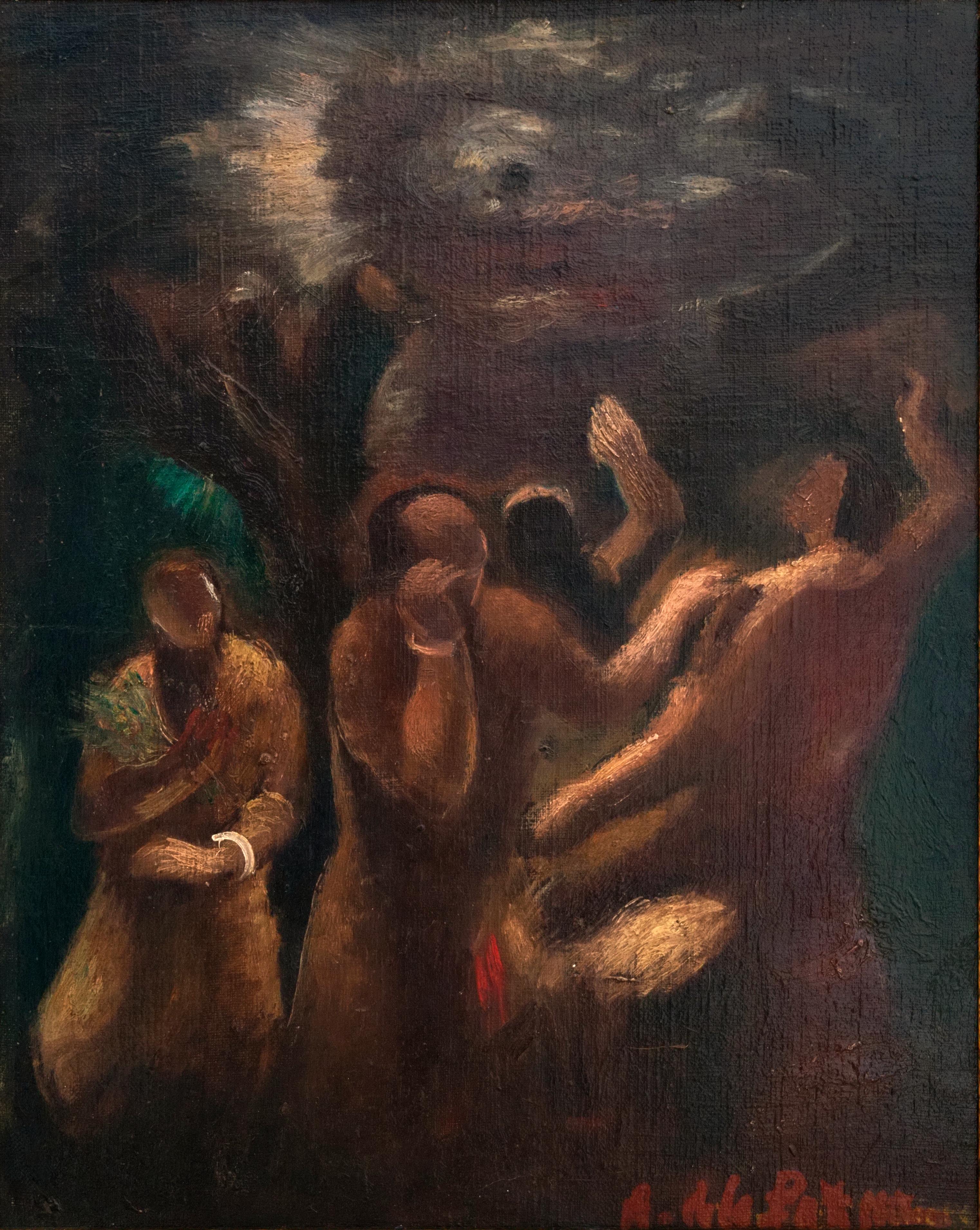 Amedee de La PATELLIERE, Eclipse with 4 Characters, 1928 - Painting by Amédée de la Patellière