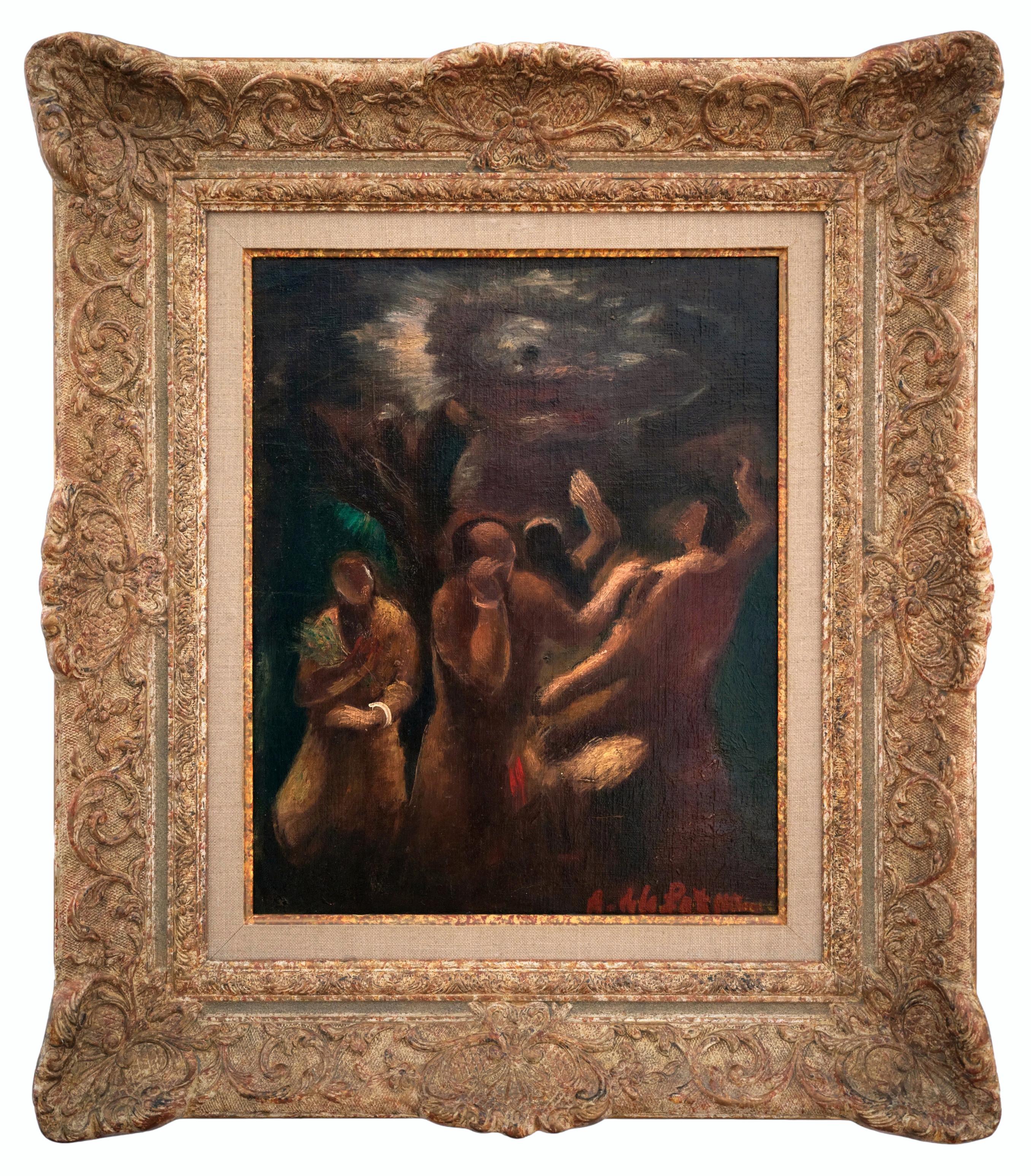 Amédée de la Patellière Figurative Painting - Amedee de La PATELLIERE, Eclipse with 4 Characters, 1928