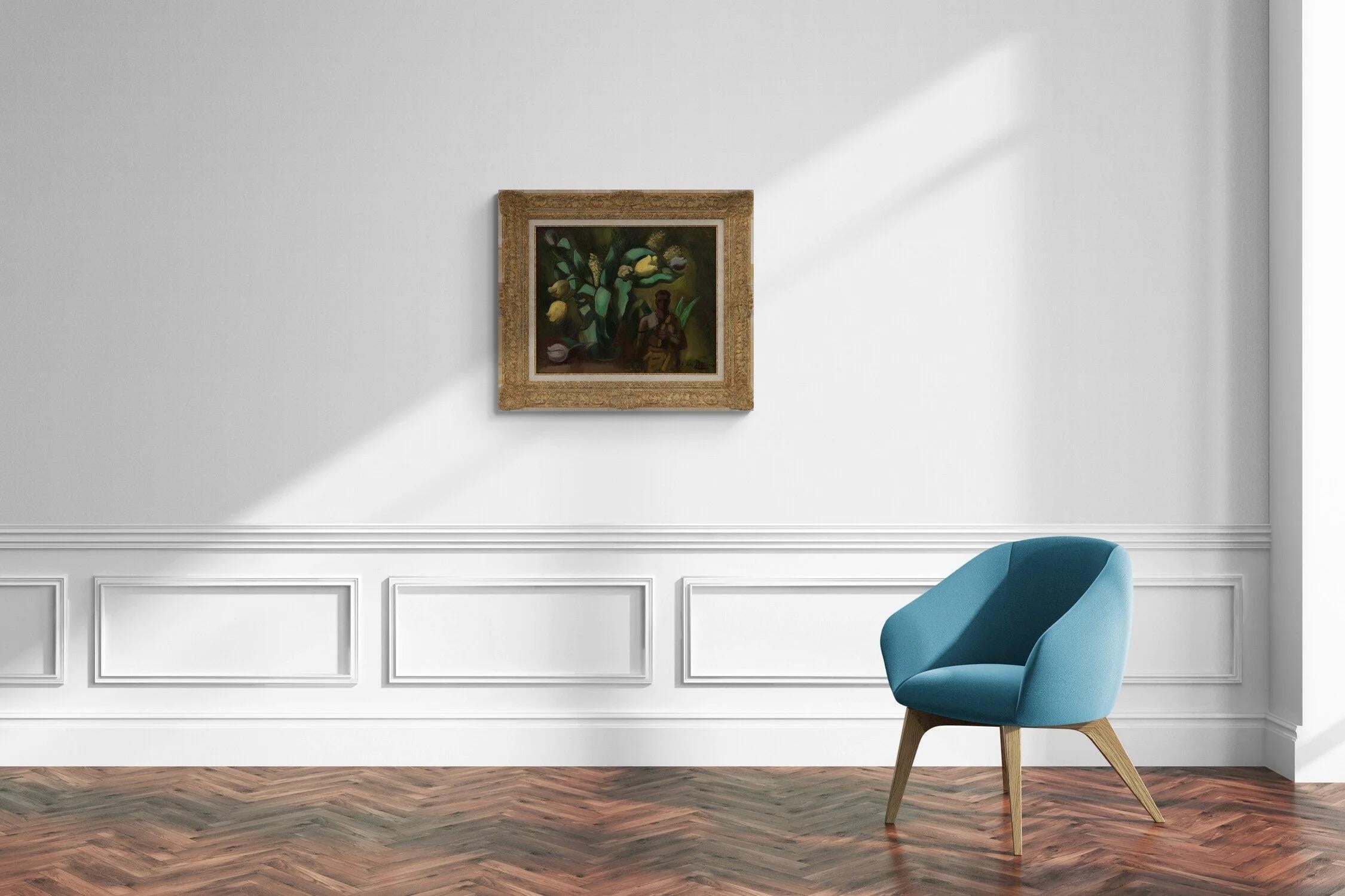 Bouquet di tulipani con statua di un uomo - Painting di Amédée de la Patellière