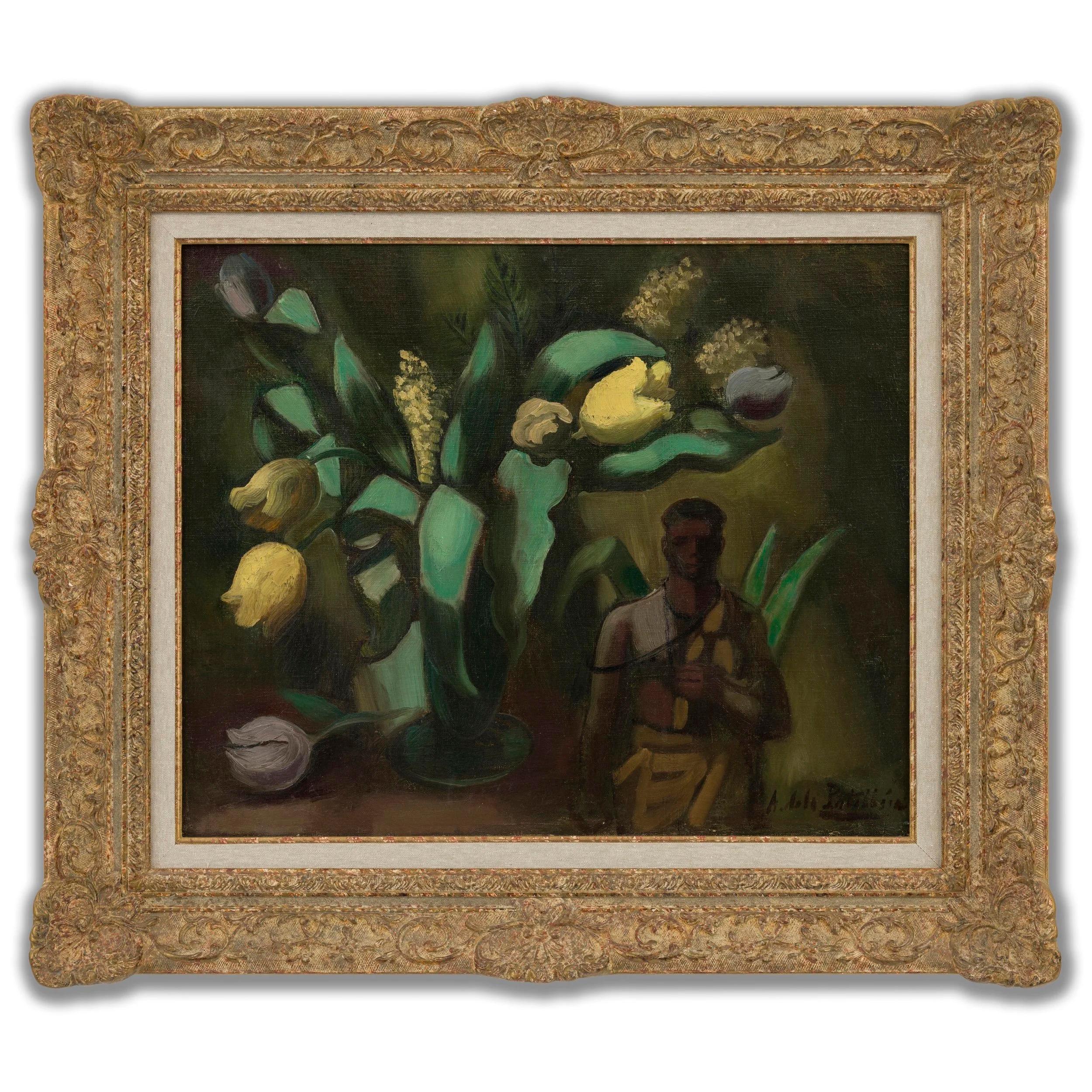 Still-Life Painting di Amédée de la Patellière - Bouquet di tulipani con statua di un uomo