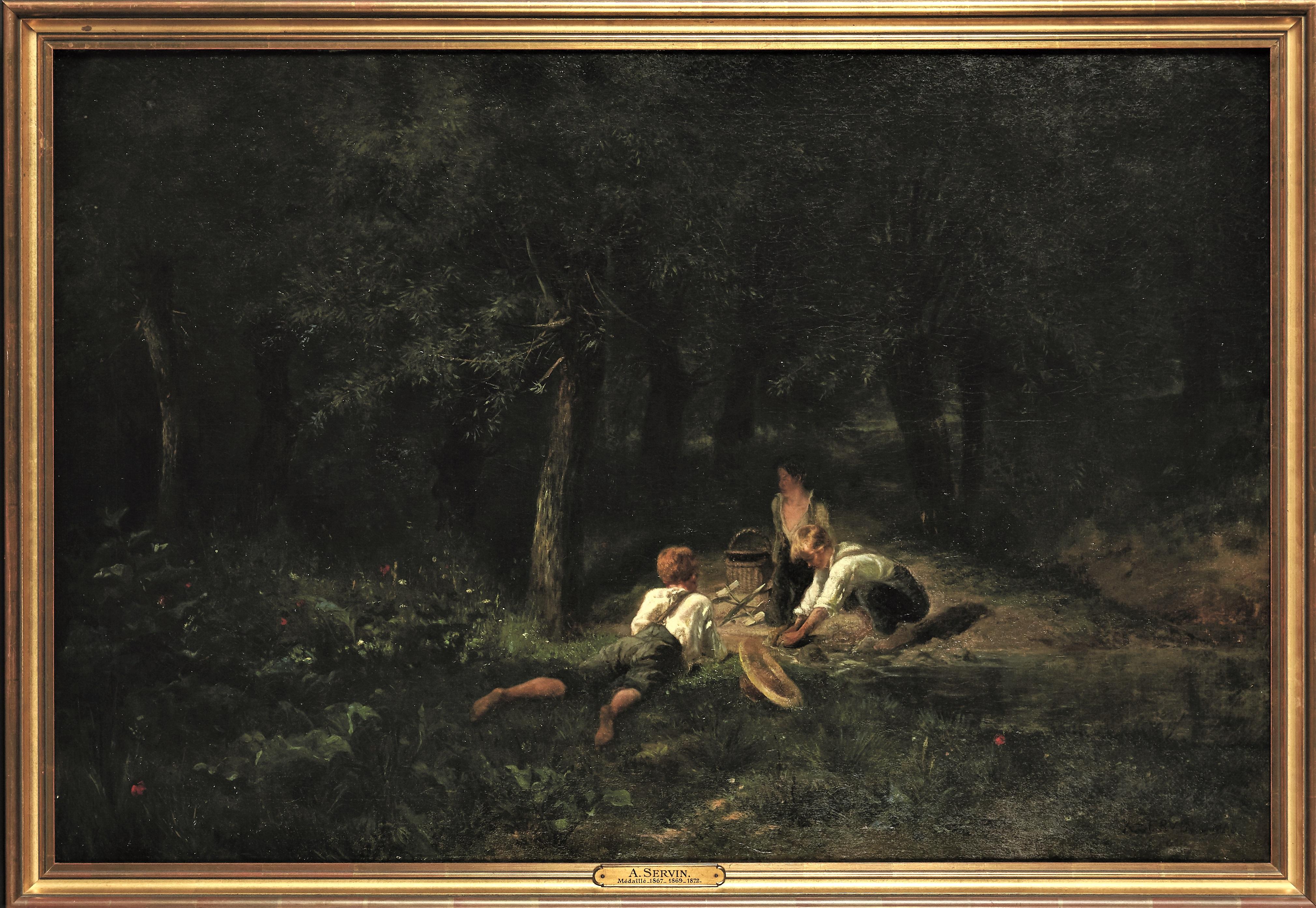 Children playing in a forest  - Painting by Amédée Elié Servin — (1829-1884)