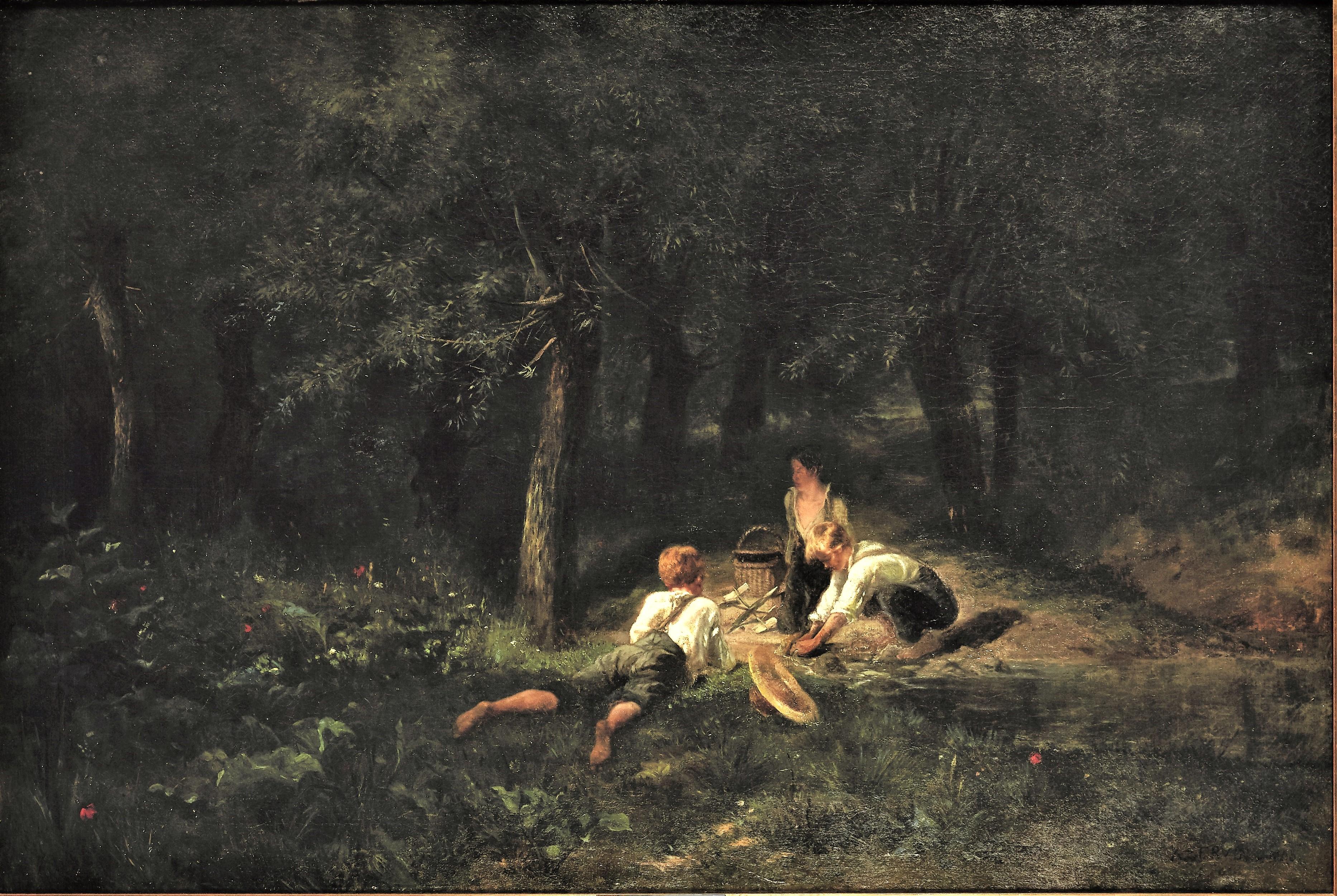 Amédée Elié Servin — (1829-1884) Figurative Painting - Children playing in a forest 