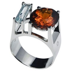 Bague Améthyste de Feu avec grenat hessonite de 5,9 carats, aigue-marine de 0,84 carat, 7,13 g, or 18 carats