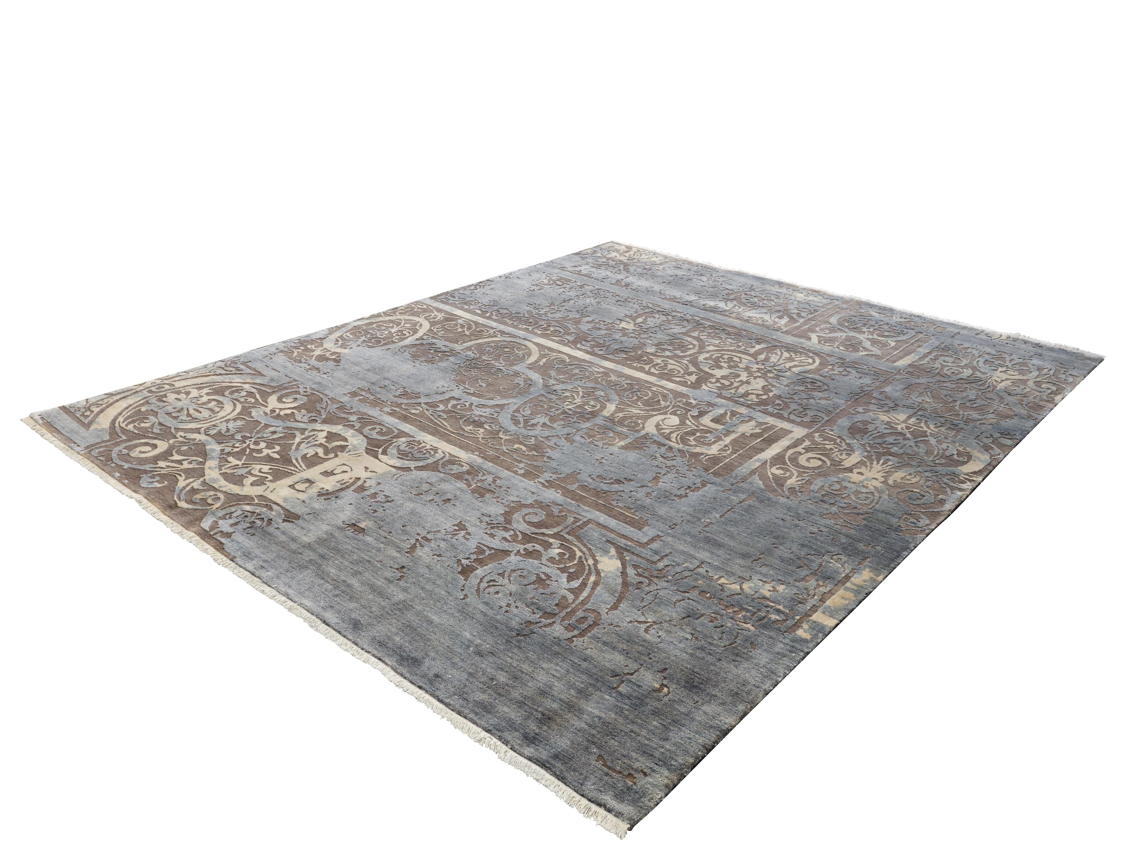 Indian AME Hand Knotted French Rococo Inspired Rug, Blue & Ivory Gold Colours by Hands For Sale