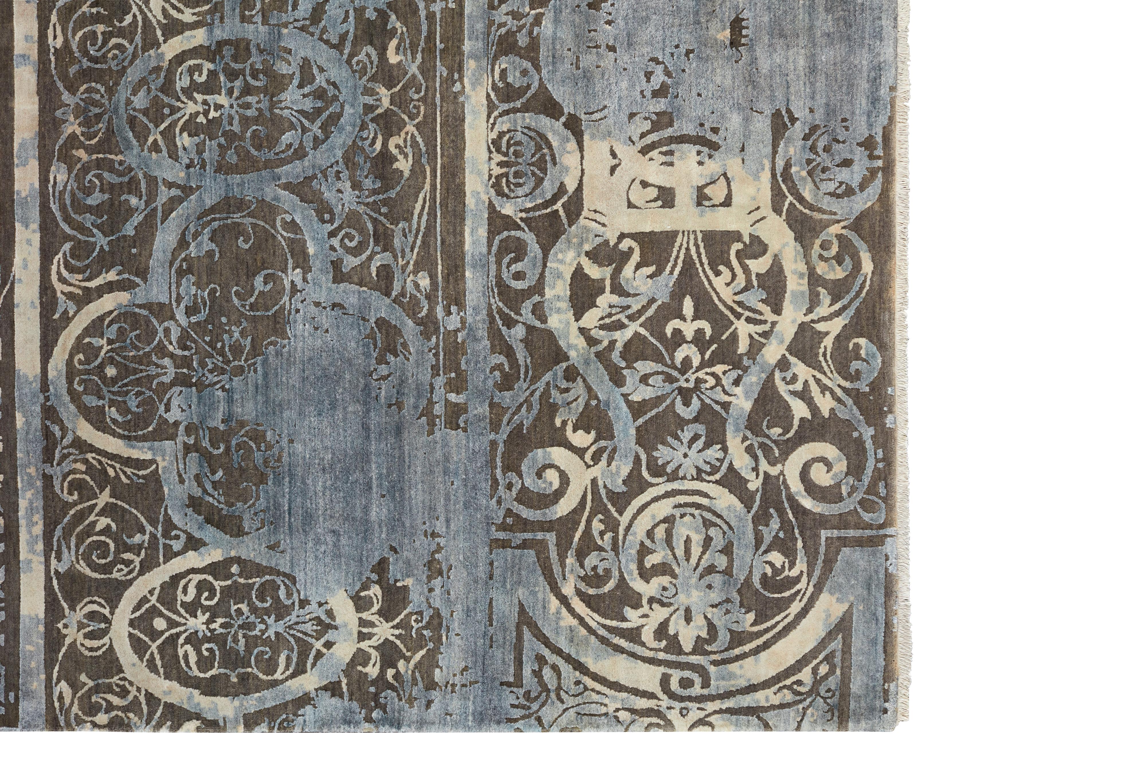 Hand-Knotted AME Hand Knotted French Rococo Inspired Rug, Blue & Ivory Gold Colours by Hands For Sale