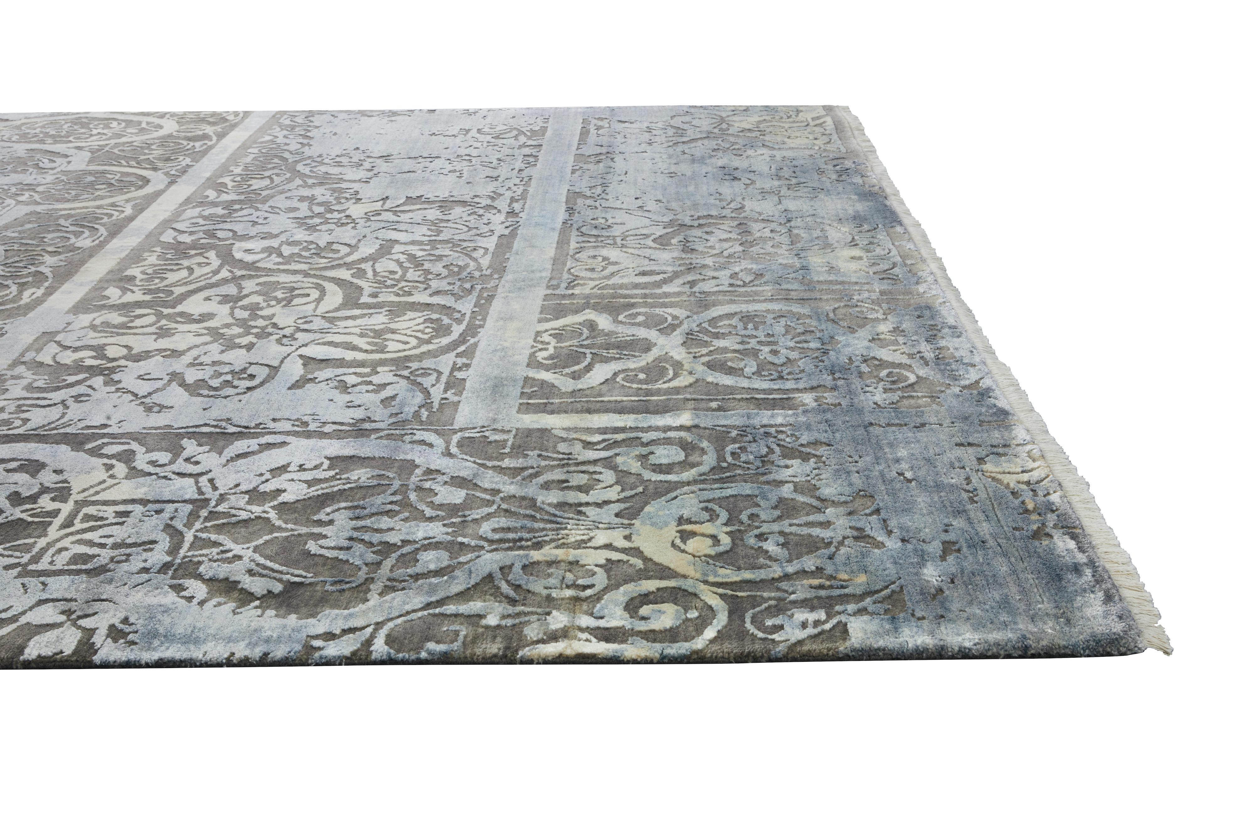 AME Hand Knotted French Rococo Inspired Rug, Blue & Ivory Gold Colours by Hands In New Condition For Sale In New Delhi, IN