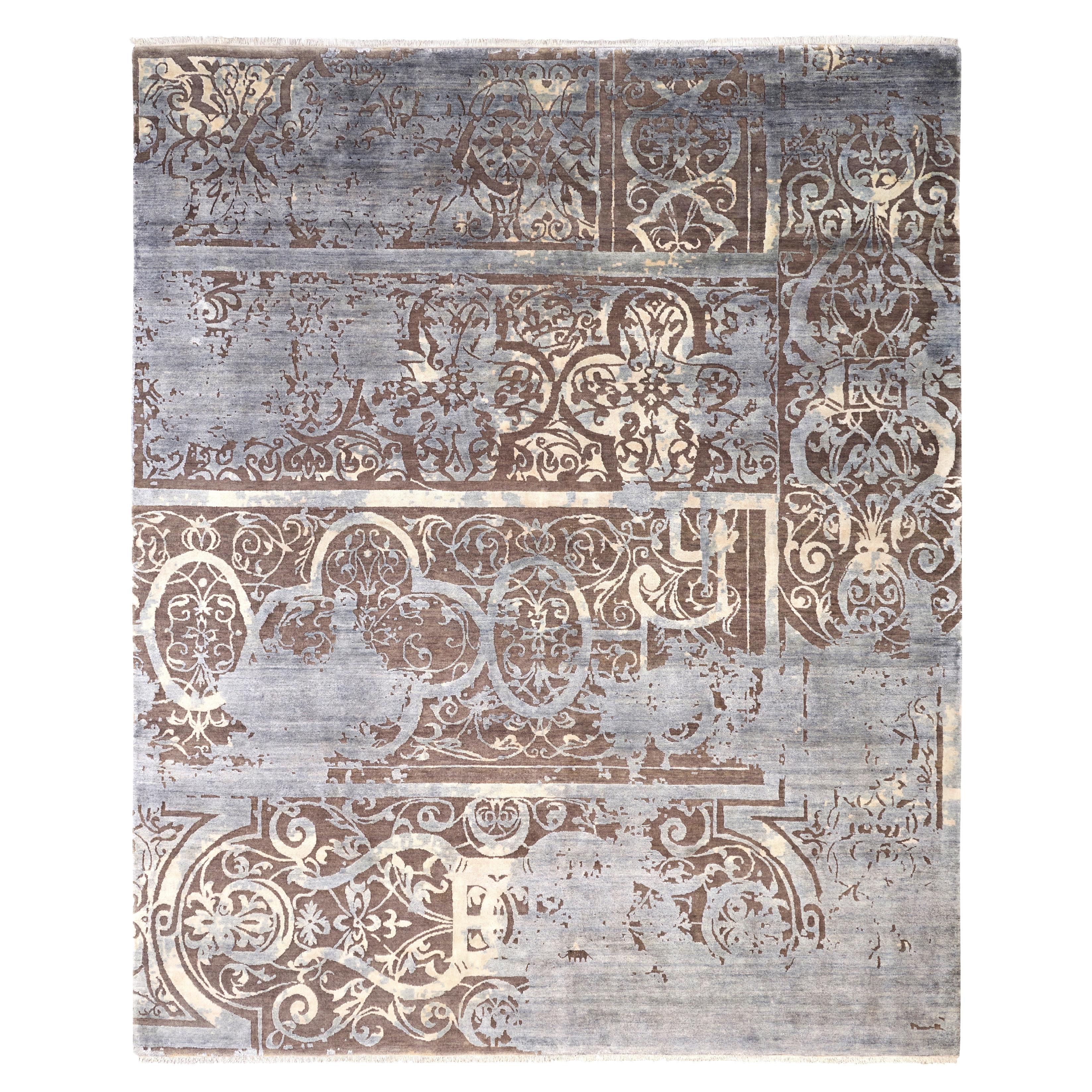 AME Hand Knotted French Rococo Inspired Rug, Blue & Ivory Gold Colours by Hands For Sale