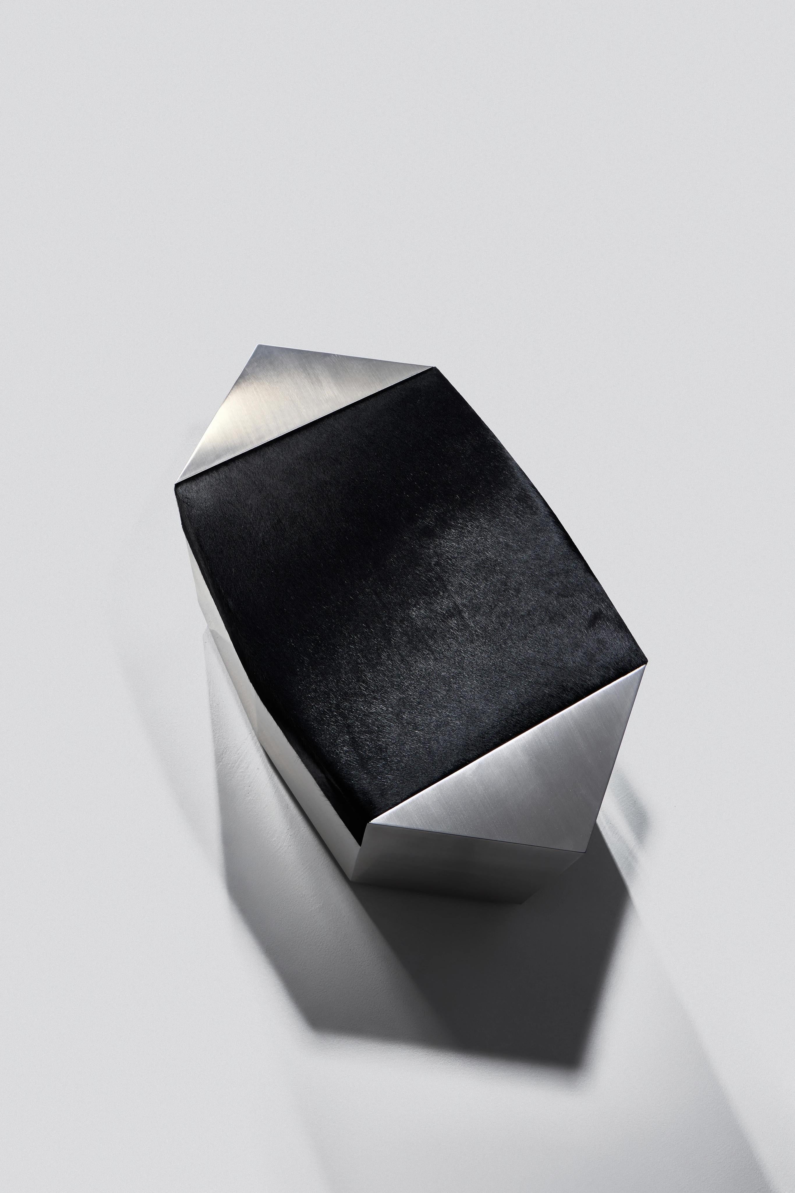 XXIe siècle et contemporain Pouf moderne I+I en acier inoxydable brossé et cuir de vachette noir par Zoe Wolker en vente