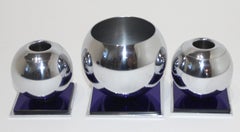 Ame Art Deco Cobalt Blue and Chrome Candleholder and Vase by Russel Wright Chase