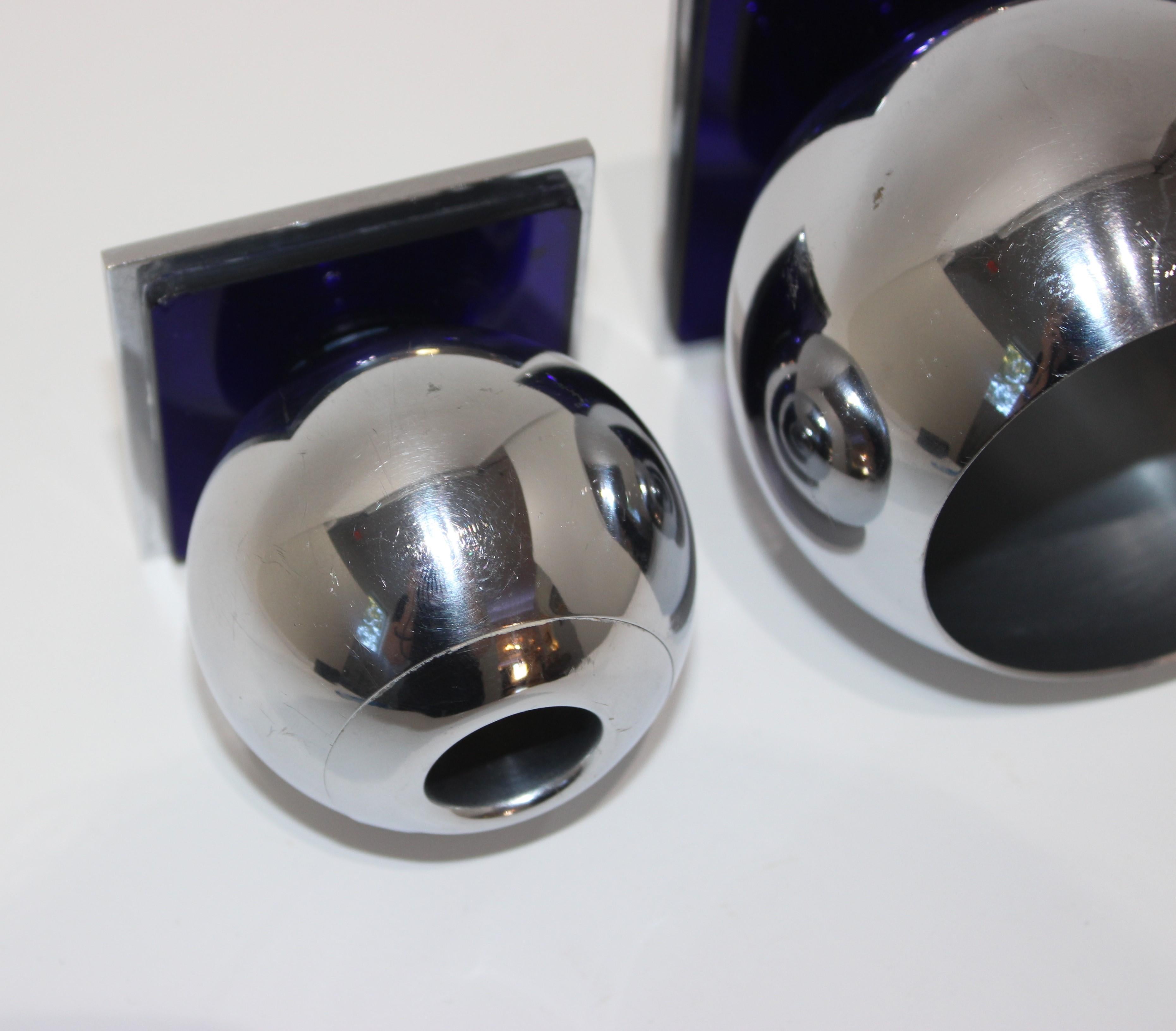 Dyed Ame Art Deco Cobalt Blue and Chrome Candleholder and Vase by Russel Wright Chase