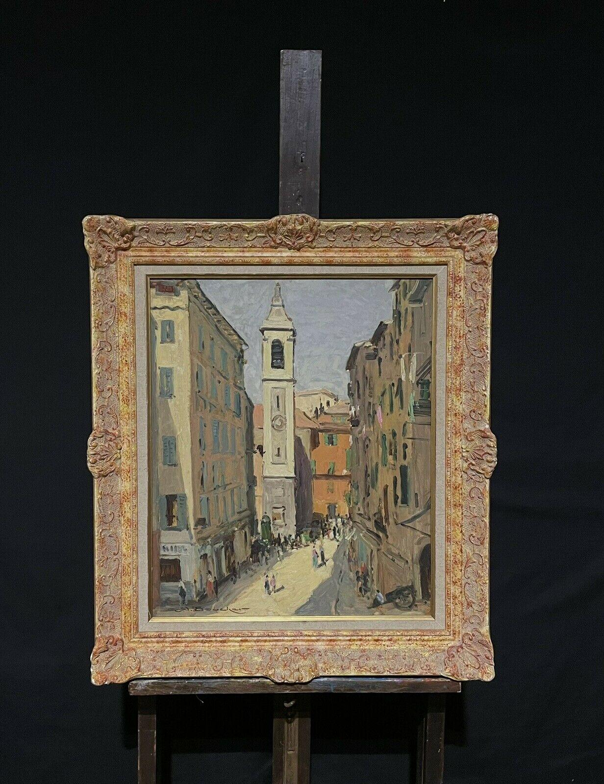 Grande huile post-impressionniste française du milieu du 20e siècle signée, Busy City Street - Painting de Amedee Boucher