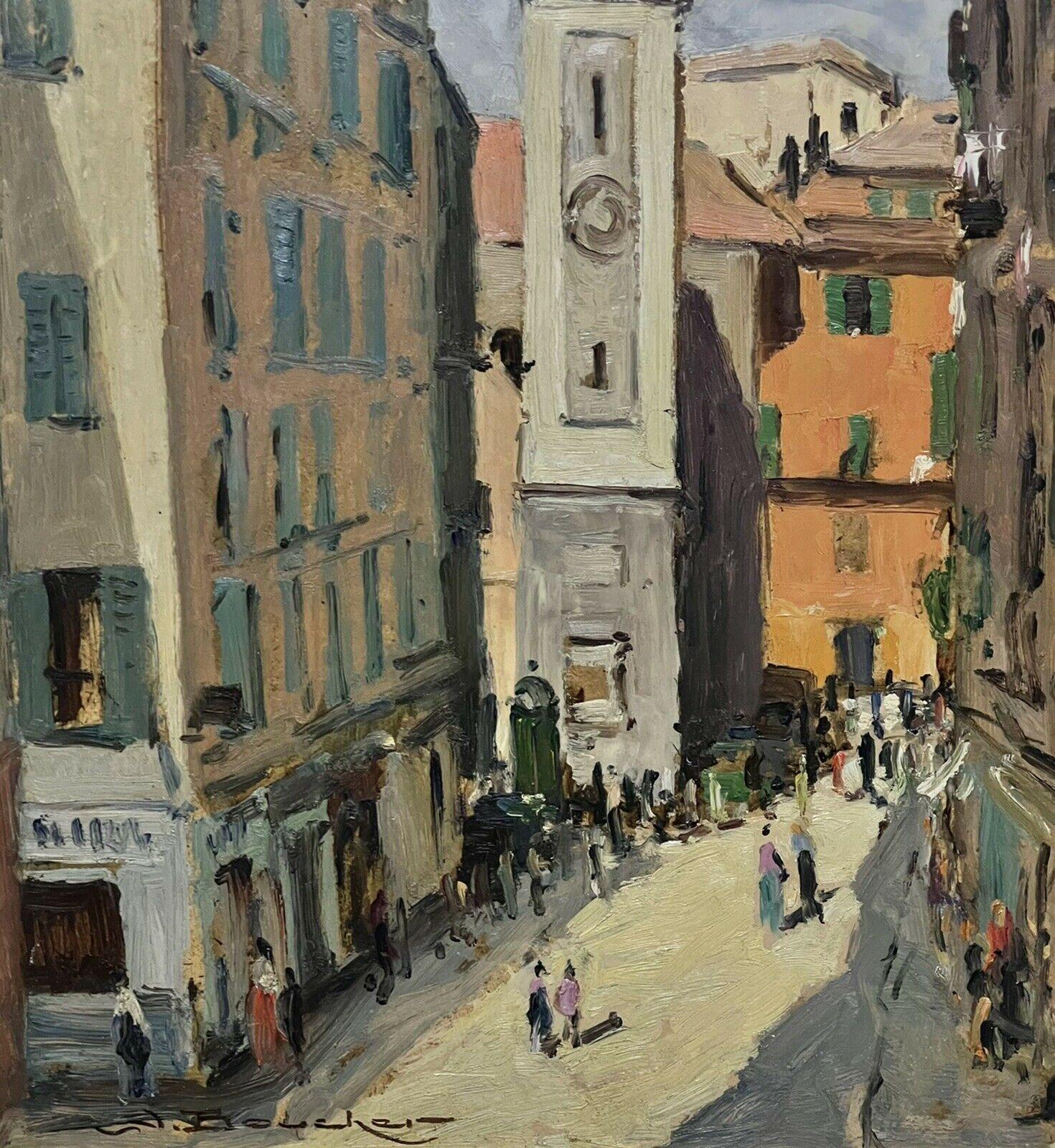 Gran óleo postimpresionista francés firmado de mediados del siglo XX - Calle de una ciudad bulliciosa - Figurative Painting Gris de Amedee Boucher
