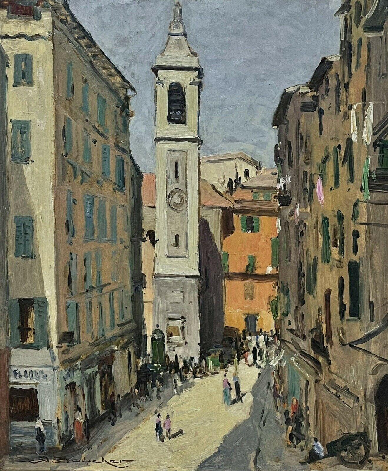 Figurative Painting Amedee Boucher - Grande huile post-impressionniste française du milieu du 20e siècle signée, Busy City Street