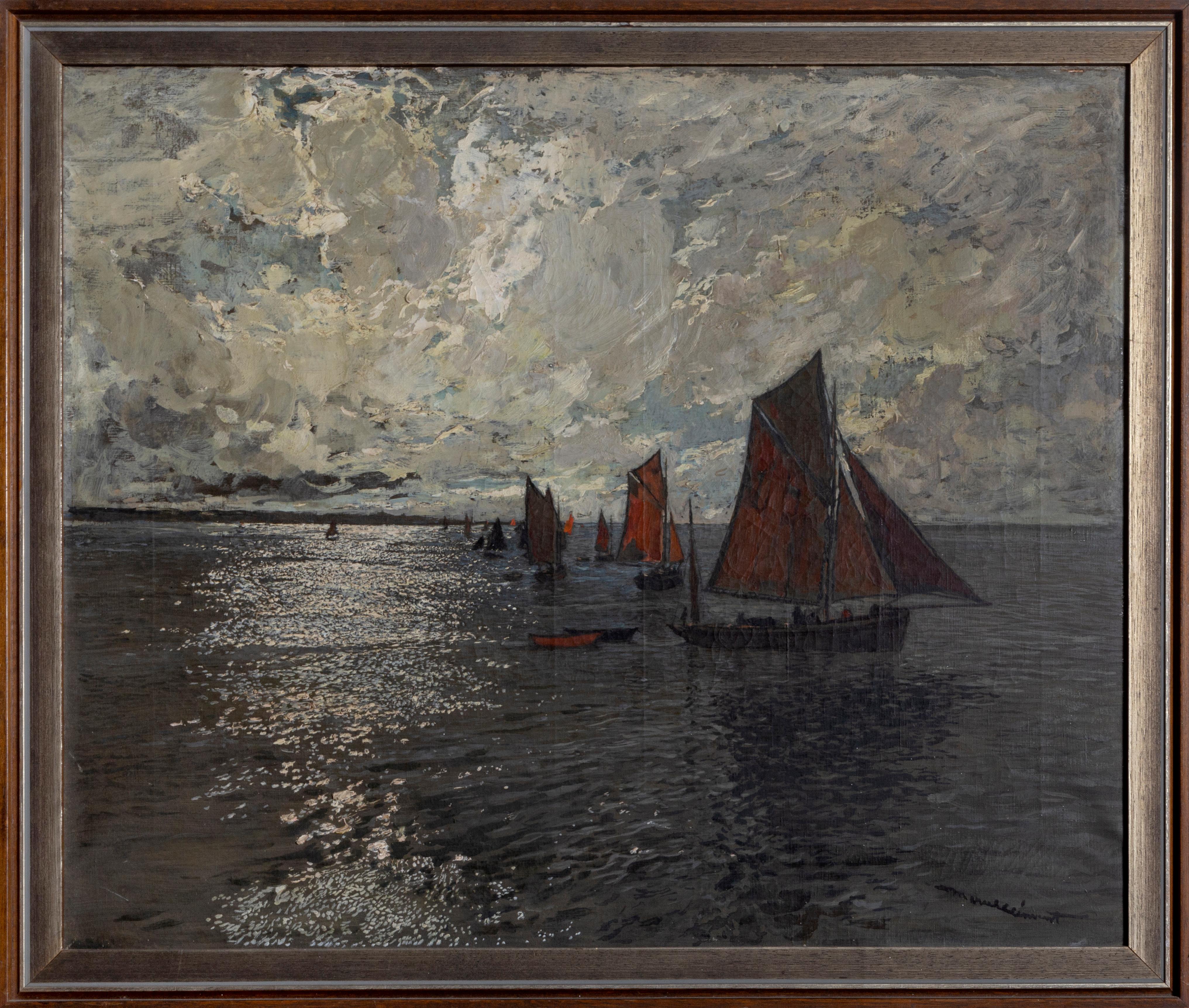 Landscape Painting Amedee Julien Marcel-Clement - Au Sortie du Port, peinture à l'huile datant d'environ 1920