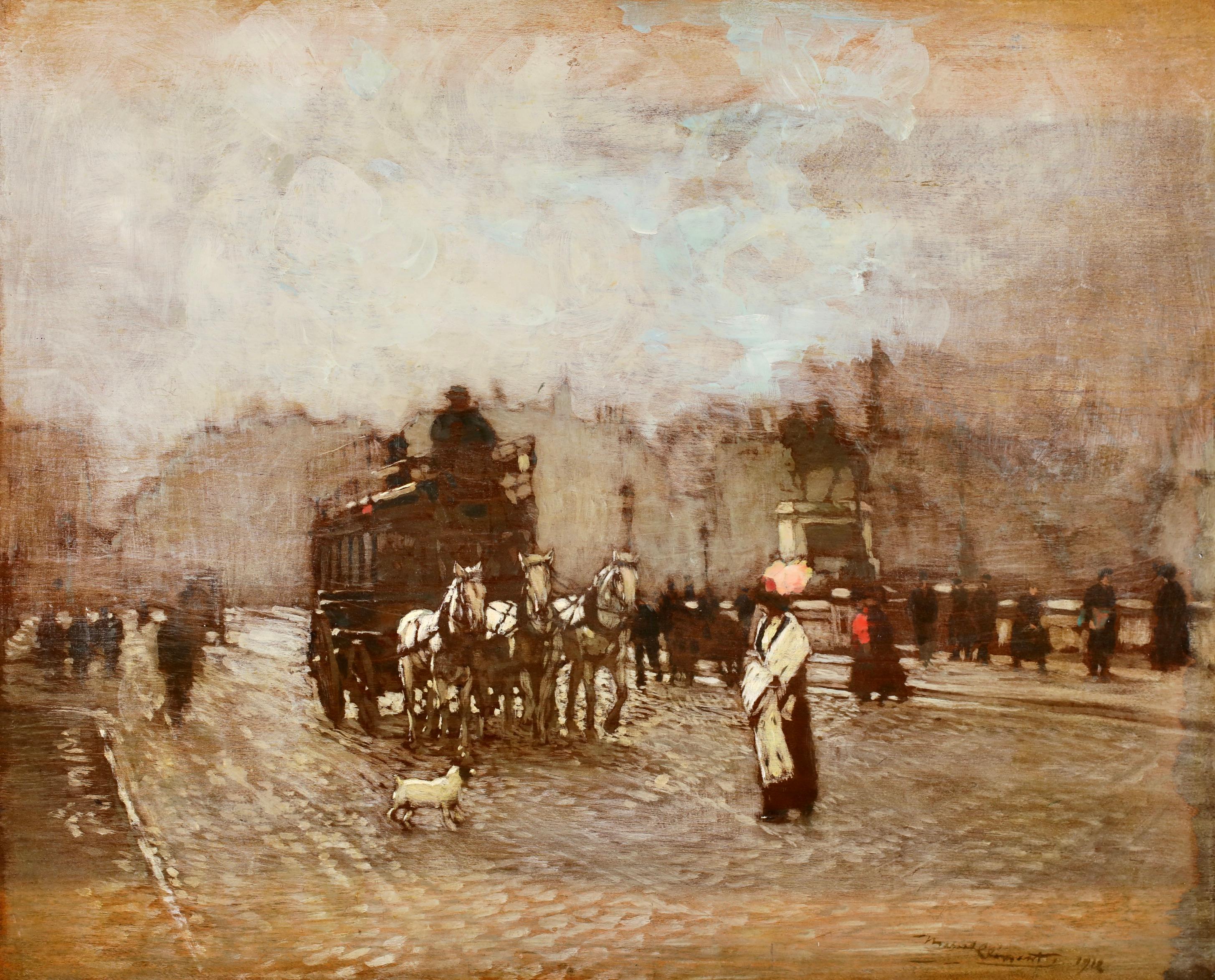Le Pont Neuf - Impressionist Figures in Landscape Oil by Amedee Marcel-Clement - Painting by Amedee Julien Marcel-Clement