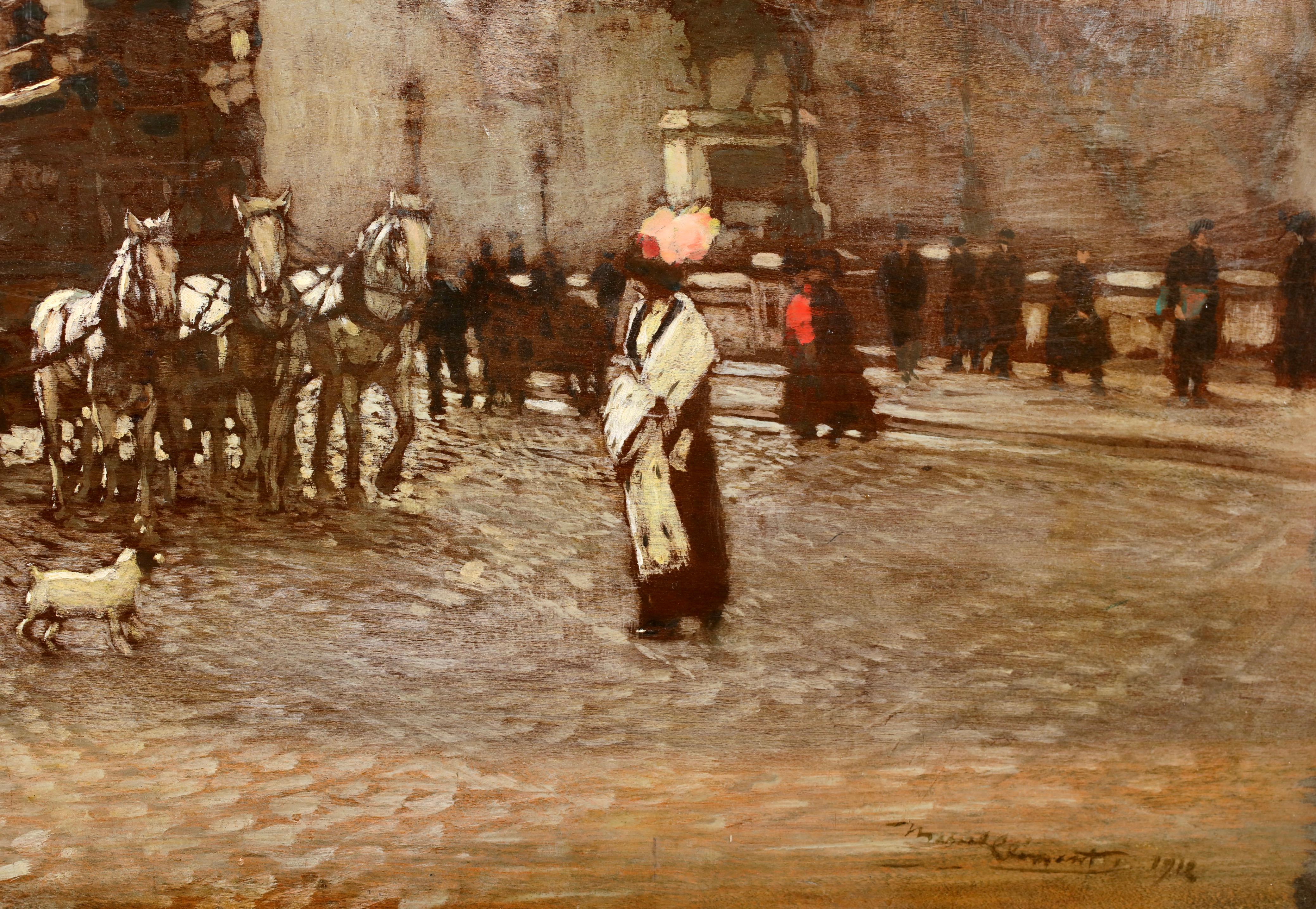Le Pont Neuf - Impressionist Figures in Landscape Oil by Amedee Marcel-Clement - Brown Landscape Painting by Amedee Julien Marcel-Clement