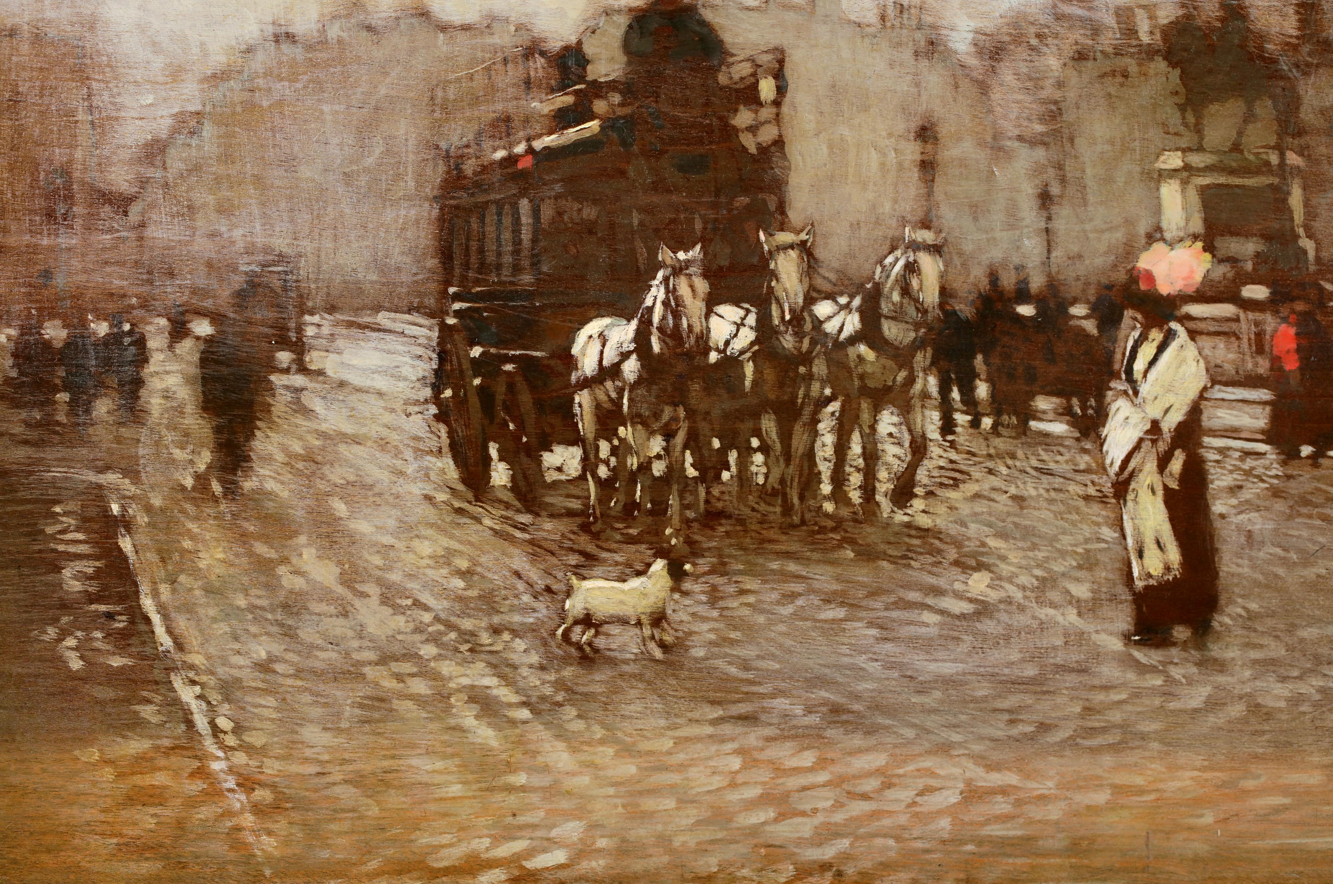 Signed and dated figures in cityscape oil on panel by French impressionist painter Amedee Marcel-Clement. The work depicts a view of the Pont Neuf bridge that runs over the River Seine in Paris, France. There is a horse and cart crossing the bridge
