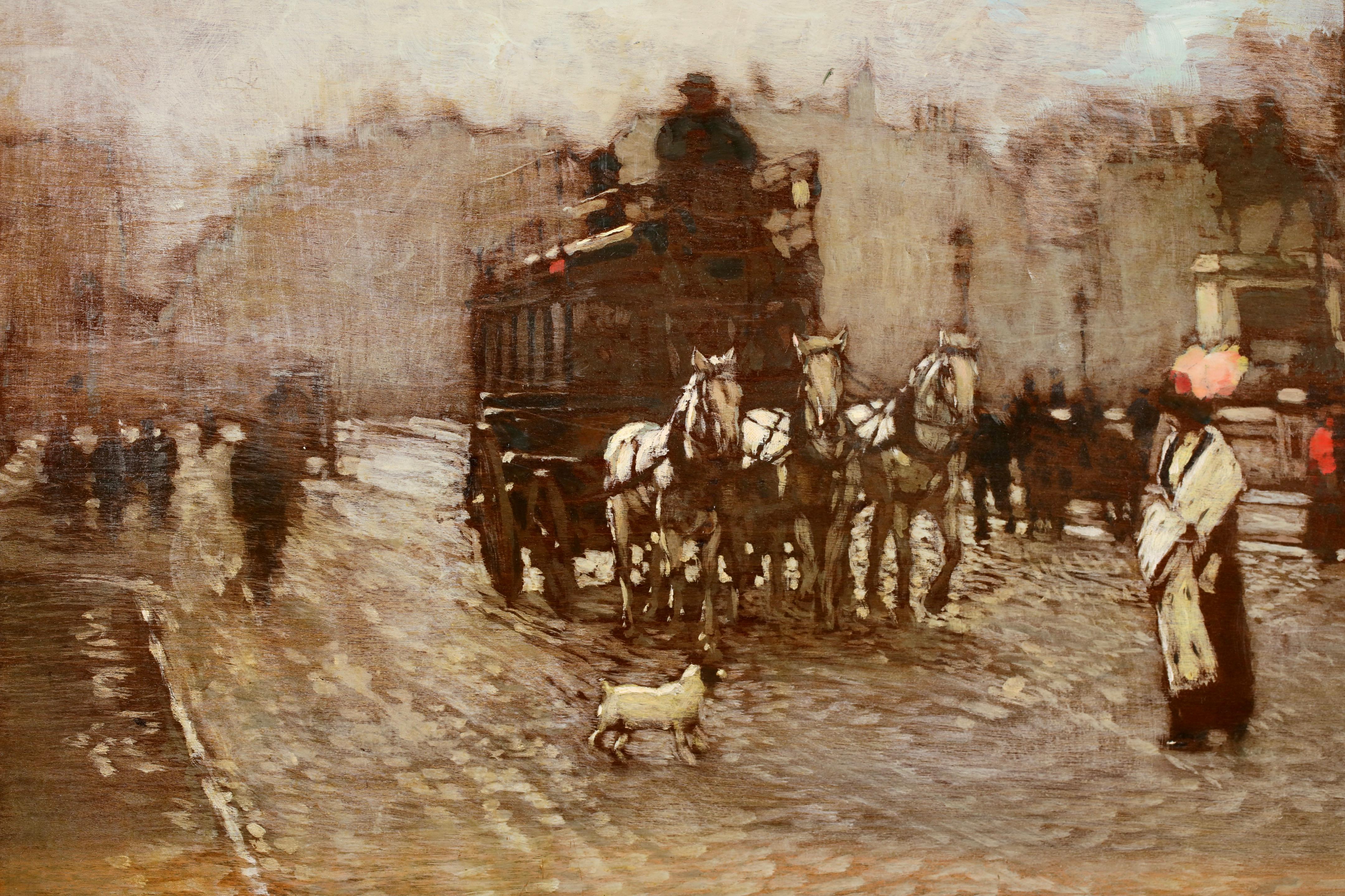 Le Pont Neuf - Impressionist Figures in Landscape Oil by Amedee Marcel-Clement For Sale 1
