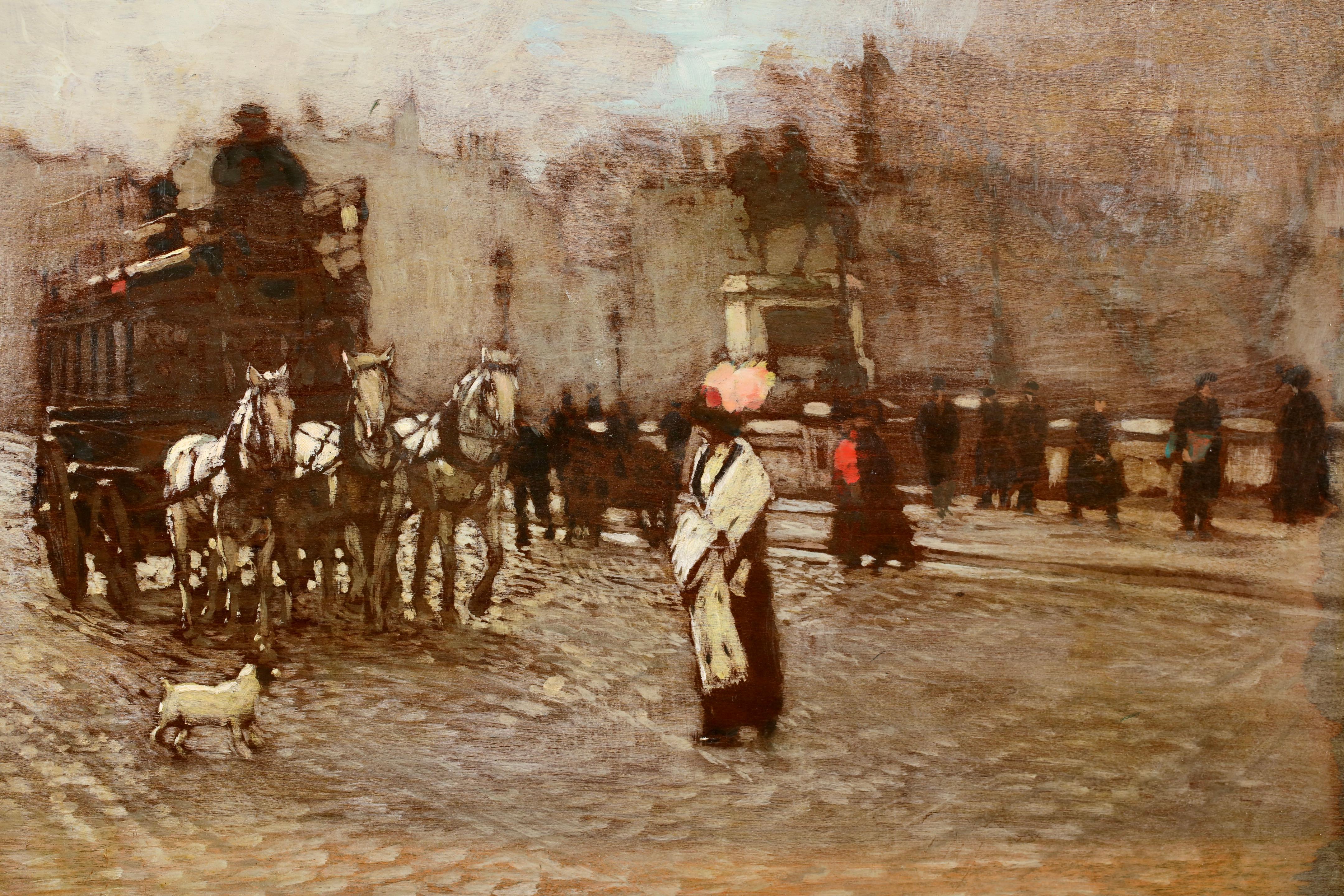 Le Pont Neuf - Impressionist Figures in Landscape Oil by Amedee Marcel-Clement For Sale 2