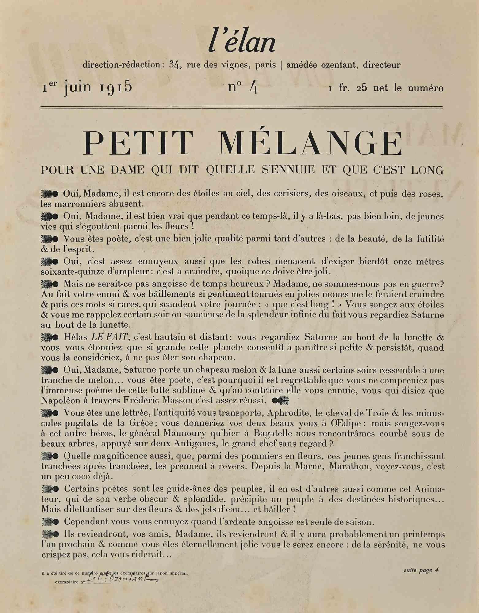 Un Bel Elan Mais... - Lithographie originale d'Amde Ozenfant - 1915 - Print de Amedee Ozenfant