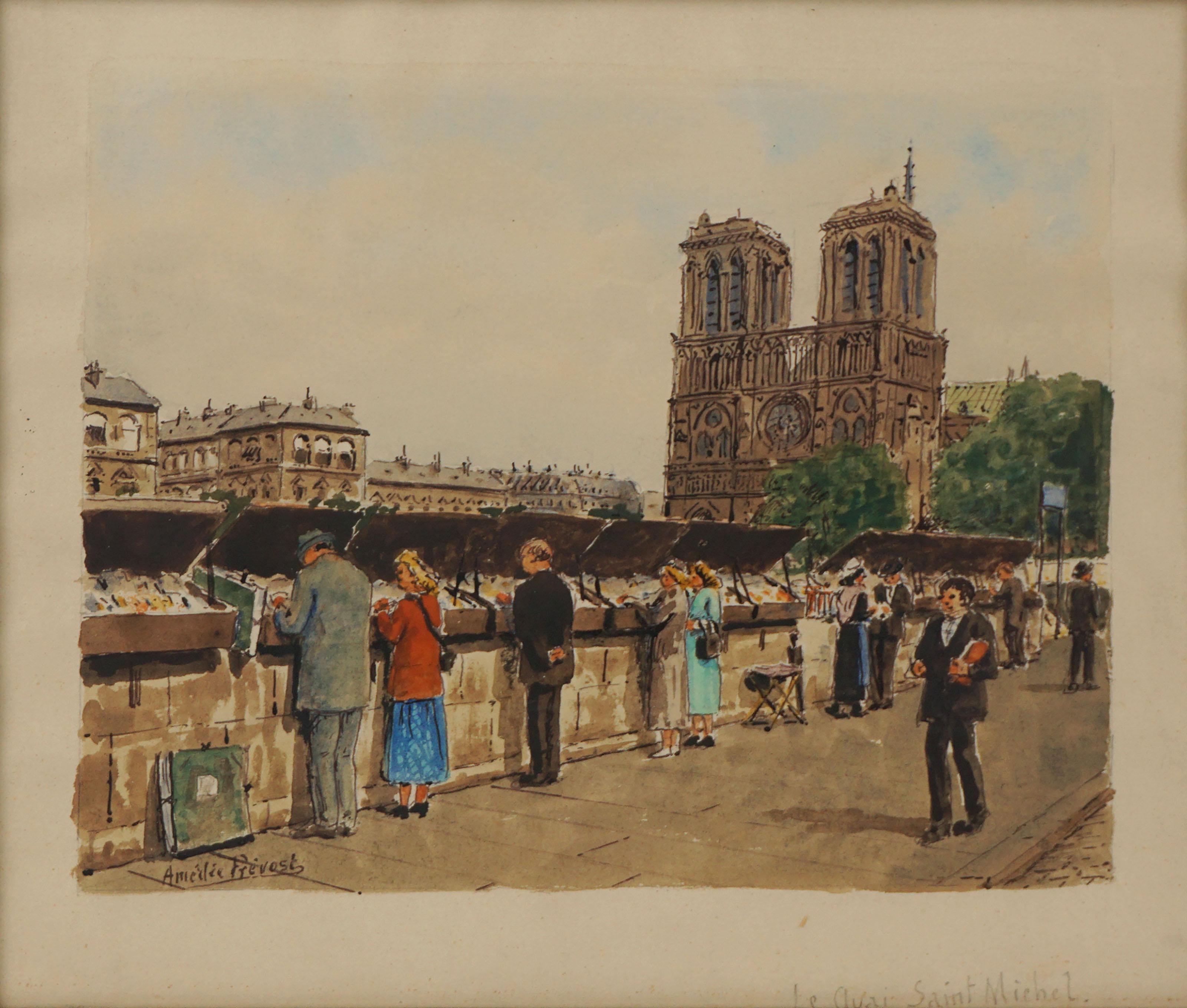 Mid Century Watercolor Paris Book Mart on Le Quai de Saint Michel and Notre Dame - Painting by Amédée Prevost