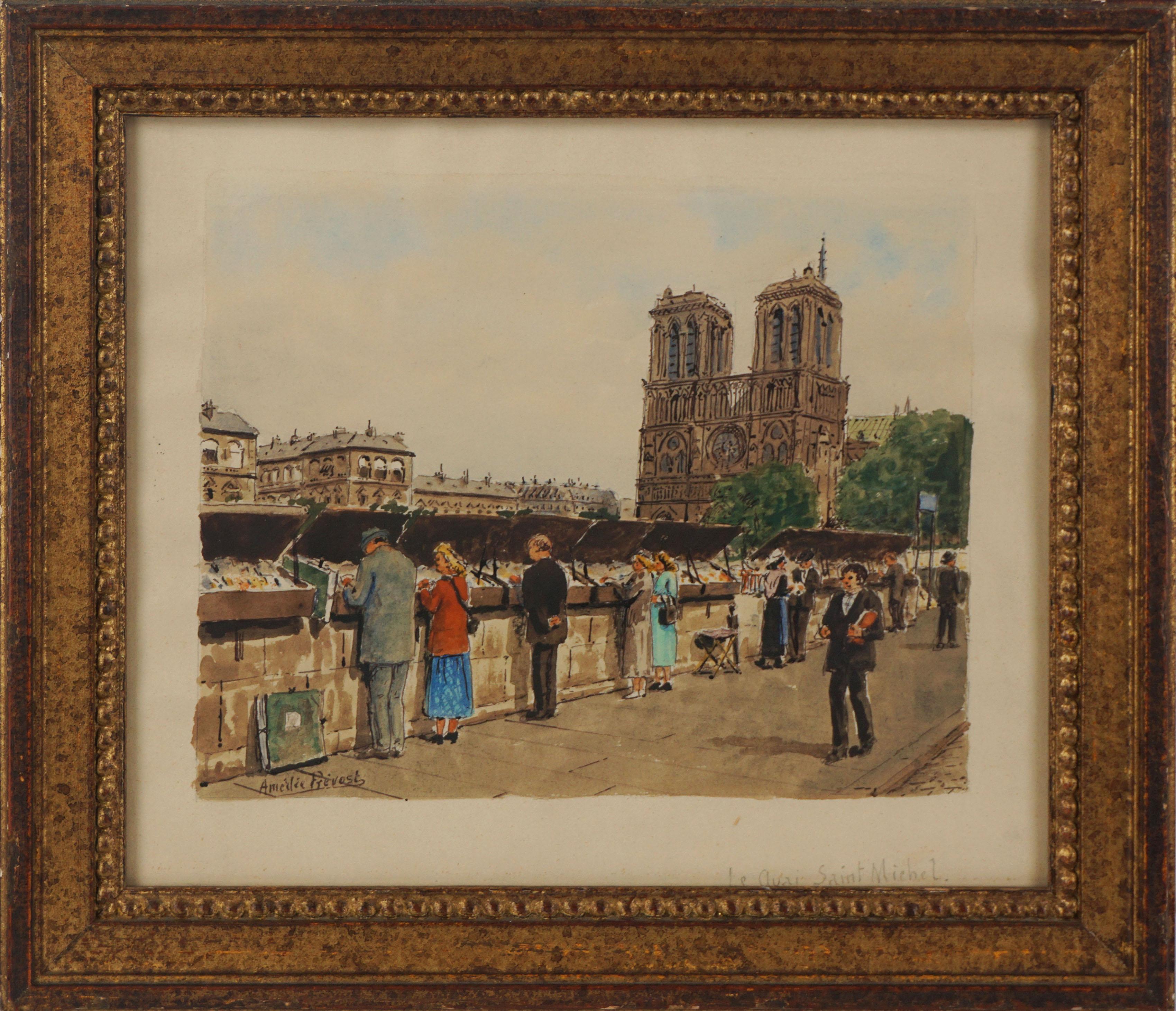 Amédée Prevost Landscape Painting - Mid Century Watercolor Paris Book Mart on Le Quai de Saint Michel and Notre Dame