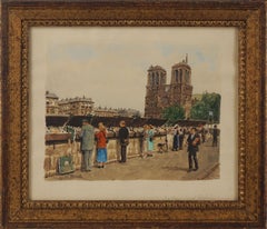 Mid Century Watercolor Paris Book Mart on Le Quai de Saint Michel and Notre Dame