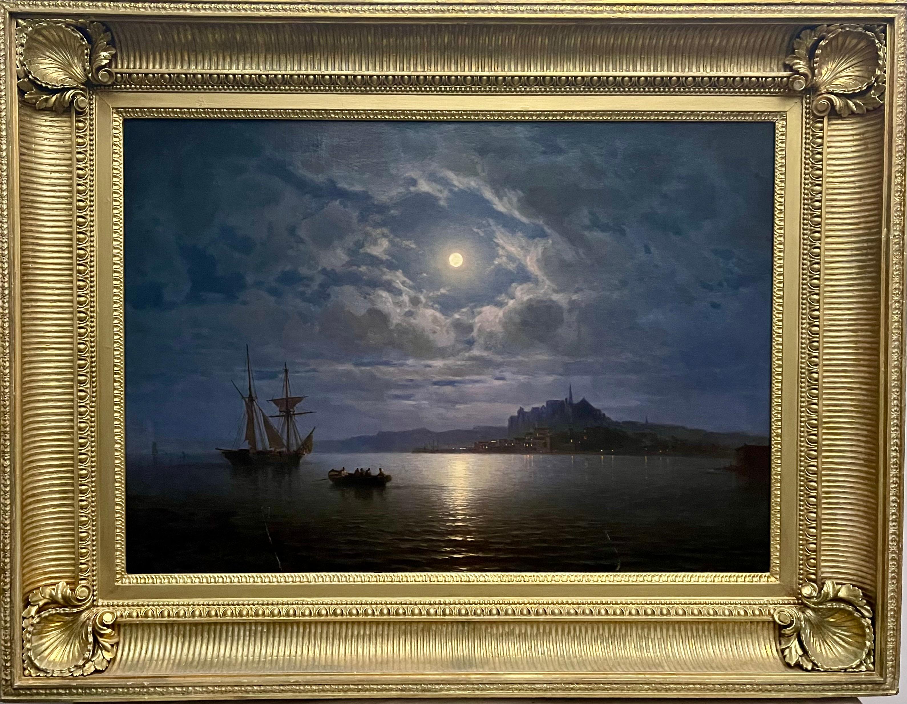 Paesaggio costiero al chiaro di luna. - Painting di Amédée Rosier