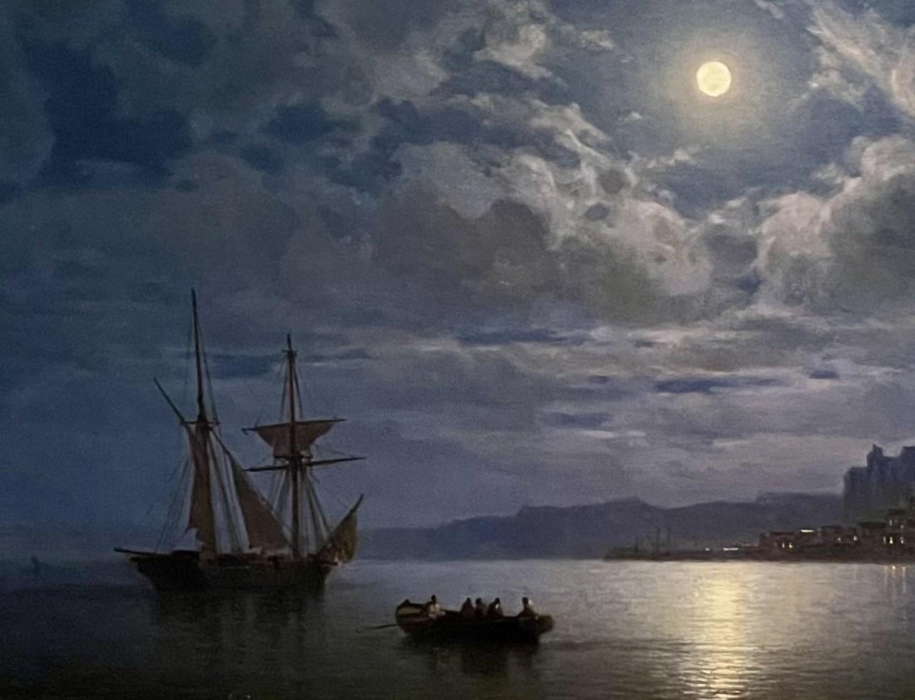 Paesaggio costiero al chiaro di luna. - Landscape Painting Nero di Amédée Rosier