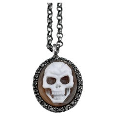 Vintage Amedeo 925 Silver Shell Skull Cameo 0.16 Carat Black Diamond Pendant  Necklace