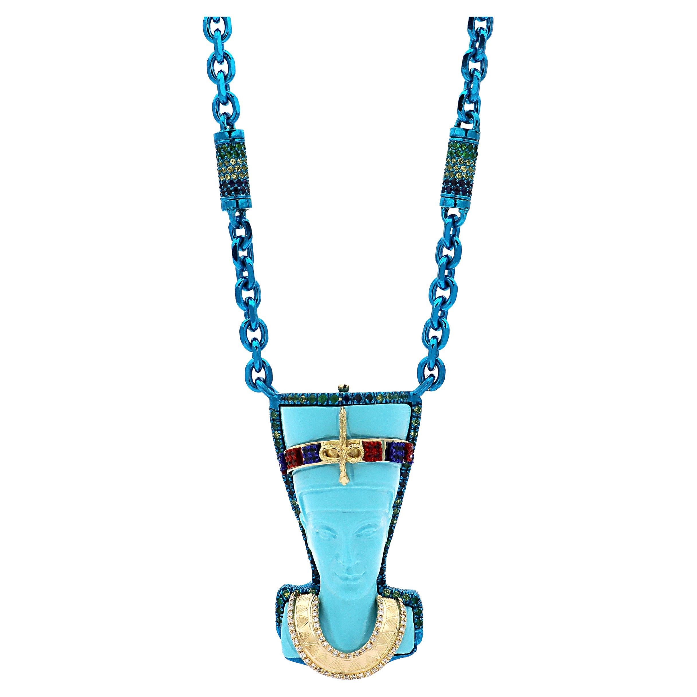 Amedeo "Blue Nefertiti" Turquoise Necklace with Multi-Stones For Sale