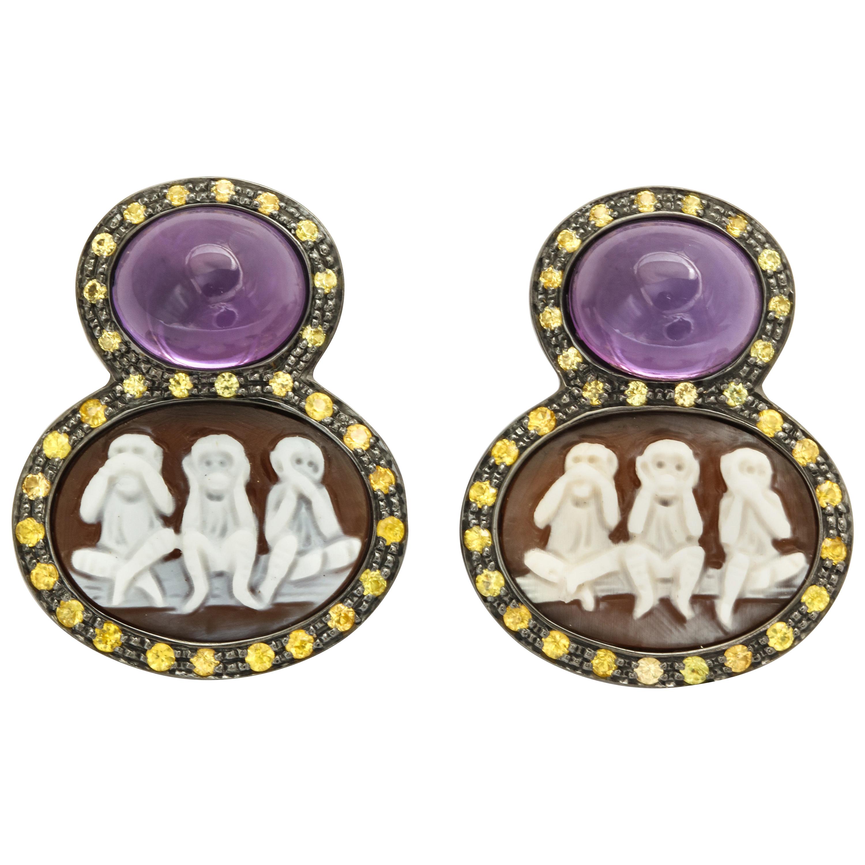Amedeo Couture "Scimmiette" Cameo Earrings with Amethyst and Sapphires For Sale