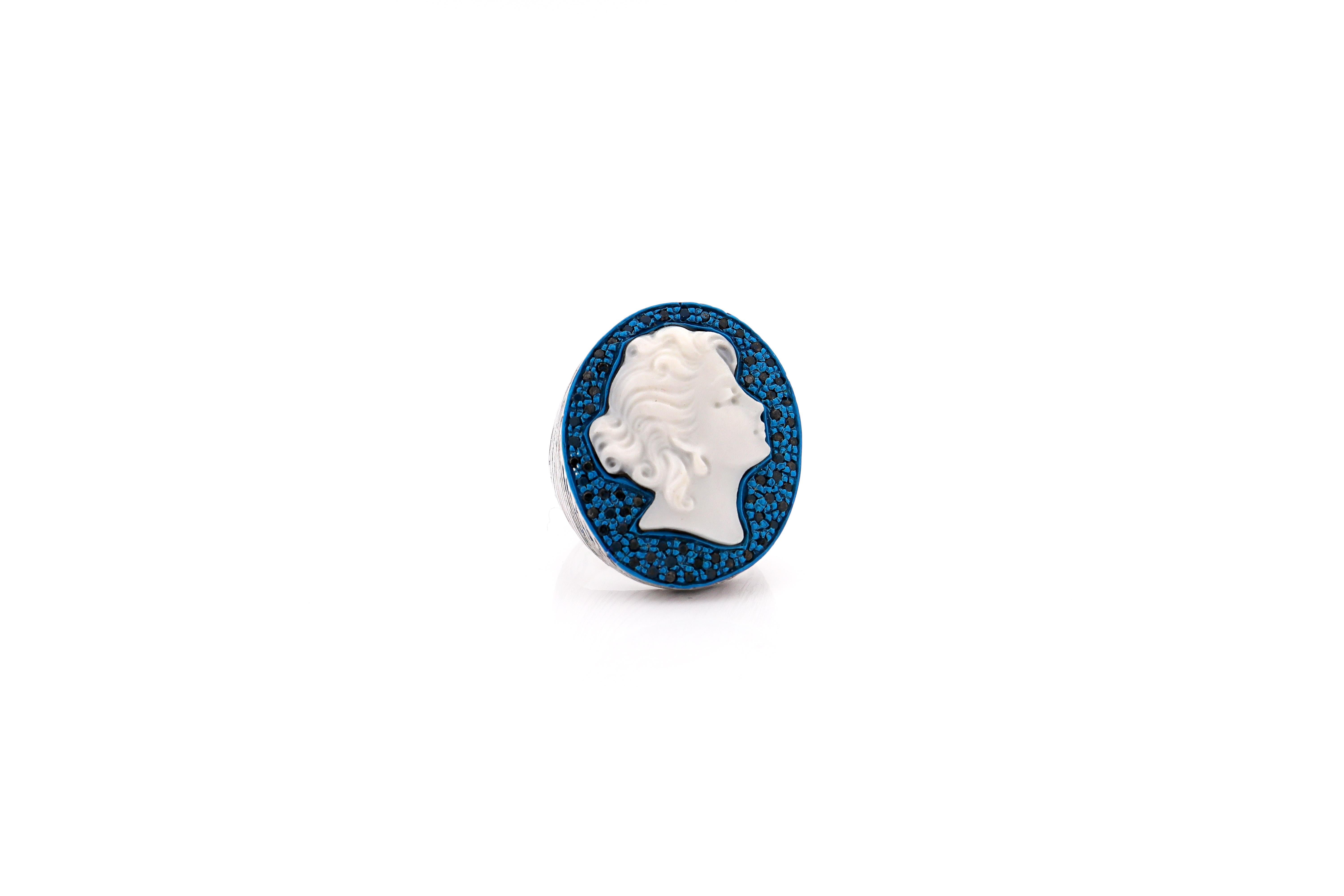 23mm sardonyx cameo, hand carved, set on sterling silver with 0.62cts of black diamonds.
