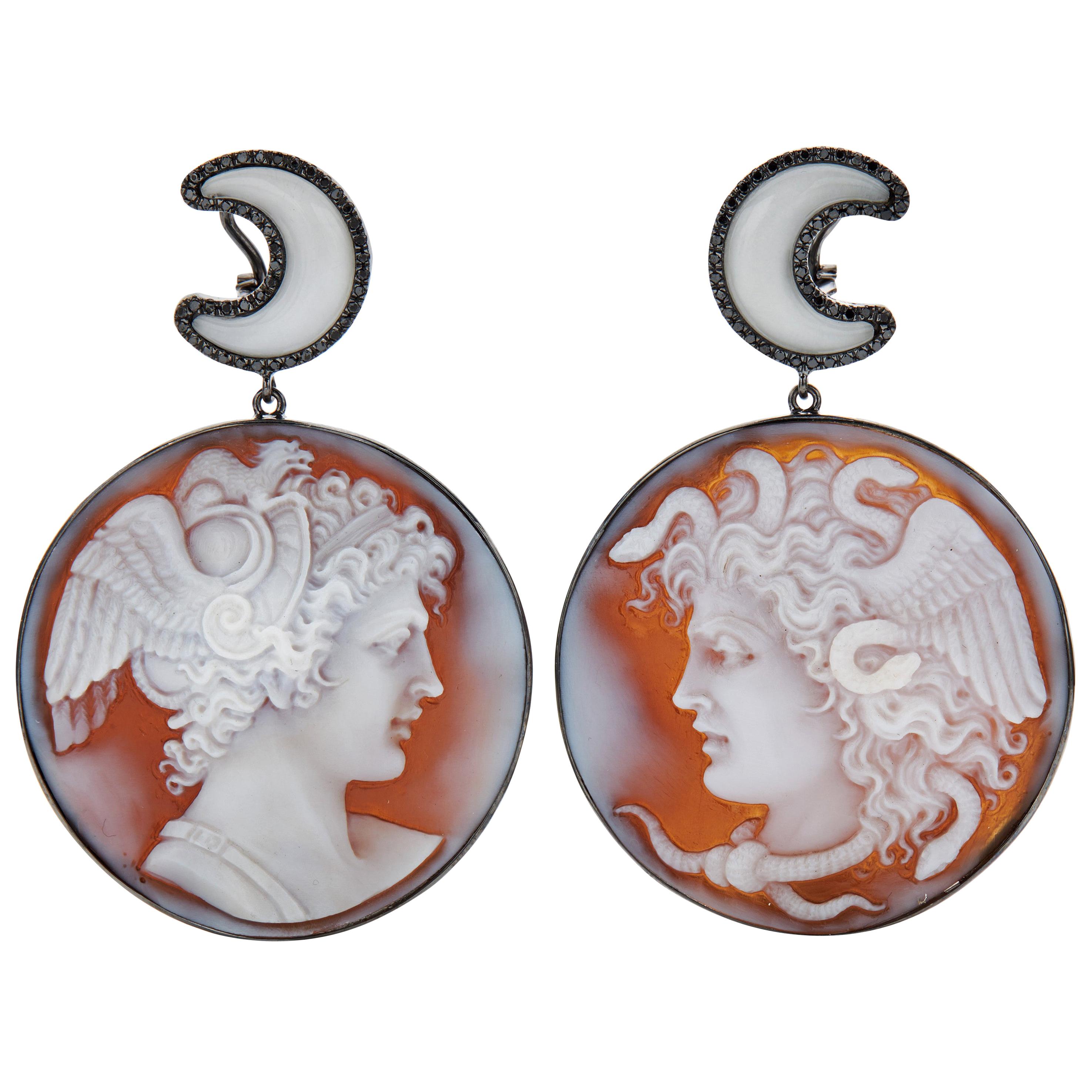 Amedeo "Gorgoneion" Cameo Earrings with Diamonds and Mother of Pearl For Sale