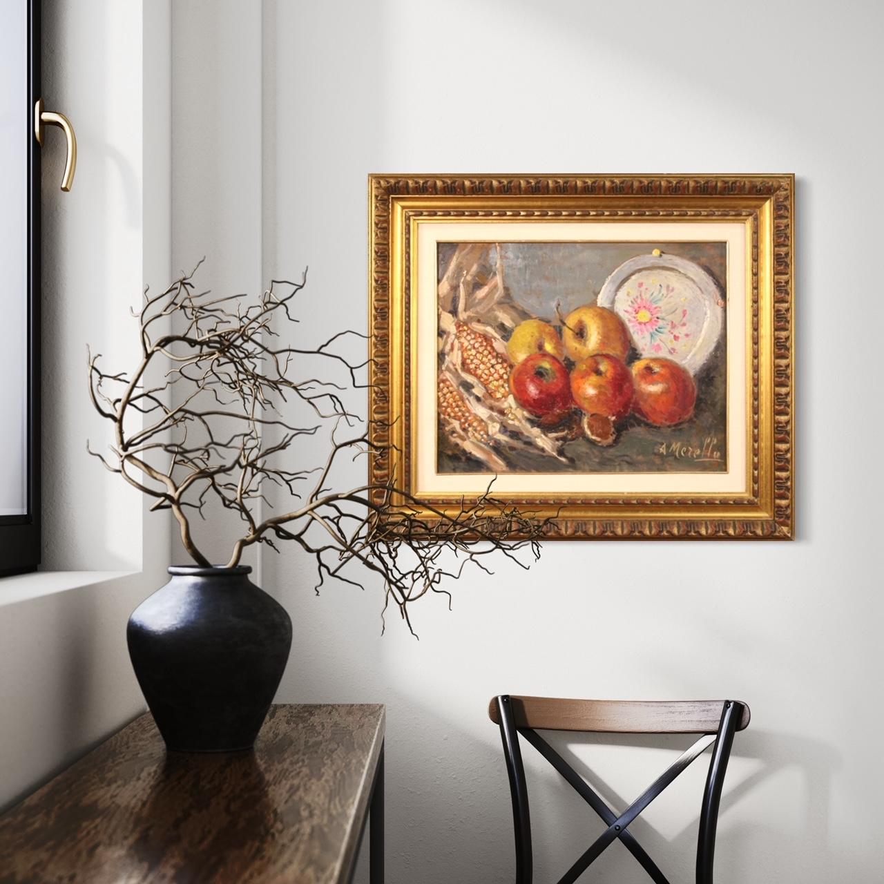 siglo XX Óleo sobre masonita Cuadro bodegón italiano firmado A. Merello, 1950 - Interior Painting Brown de Amedeo Merello