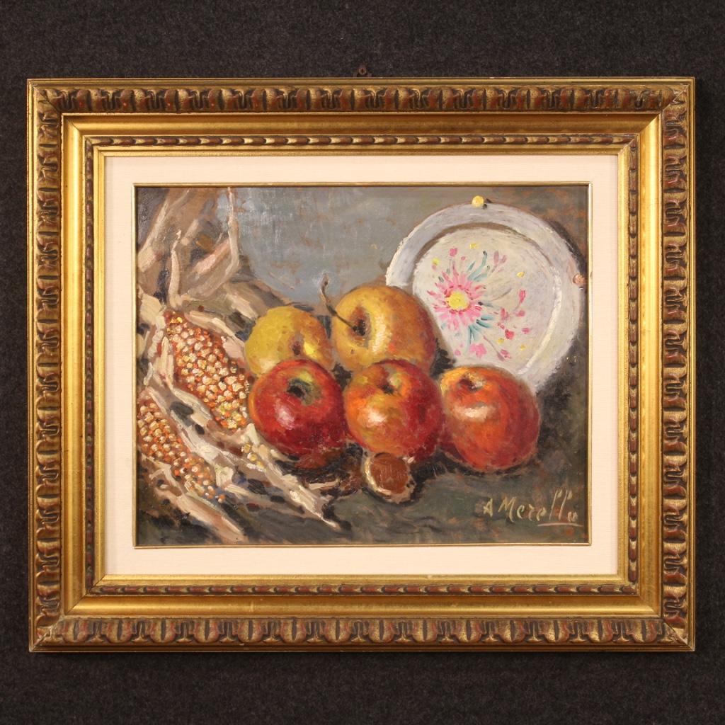 Interior Painting de Amedeo Merello - siglo XX Óleo sobre masonita Cuadro bodegón italiano firmado A. Merello, 1950