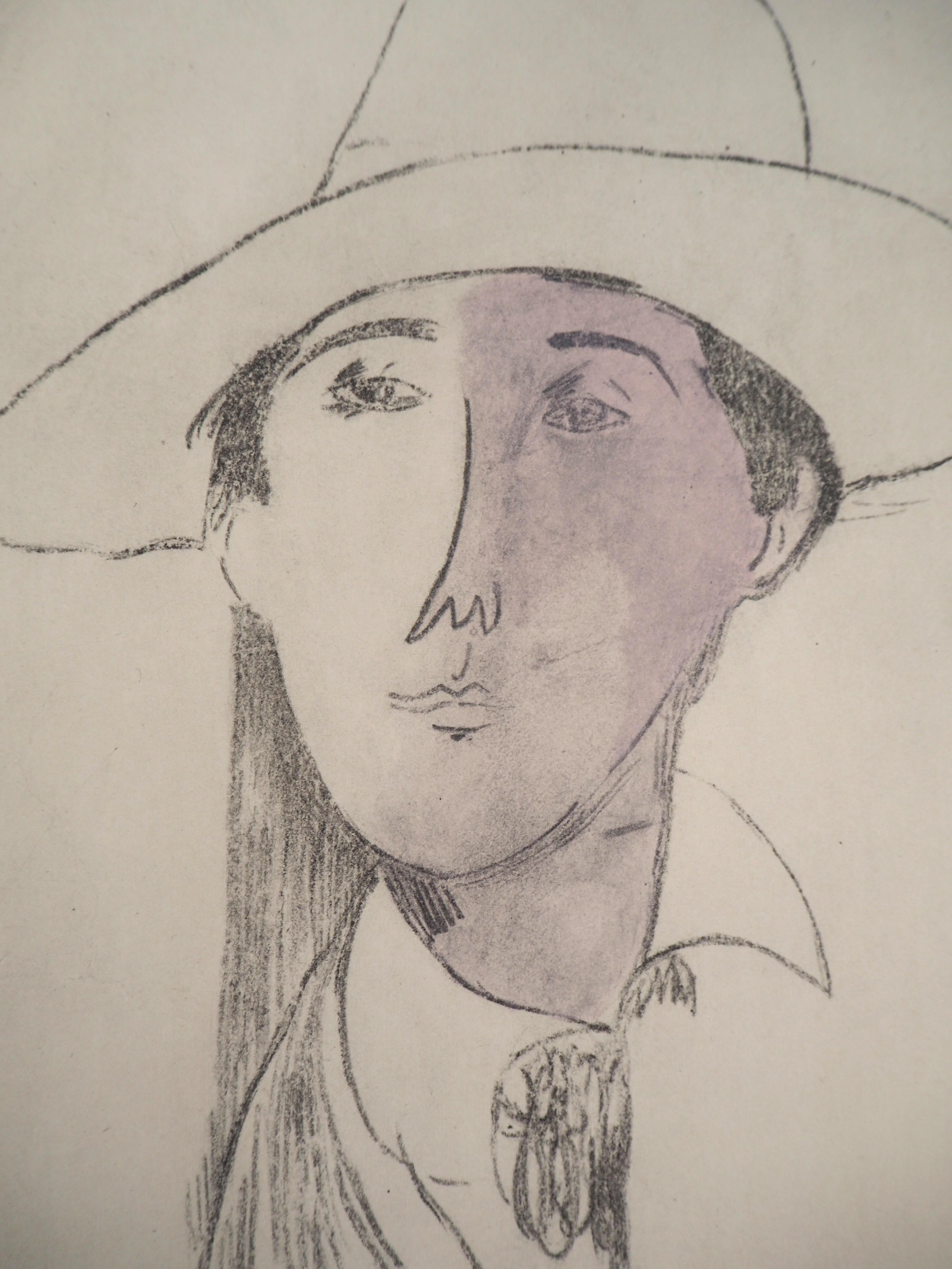 Elegant Man with a Hat - Lithograph signed in the plate (Leda 1960) - Brown Portrait Print by Amedeo Modigliani