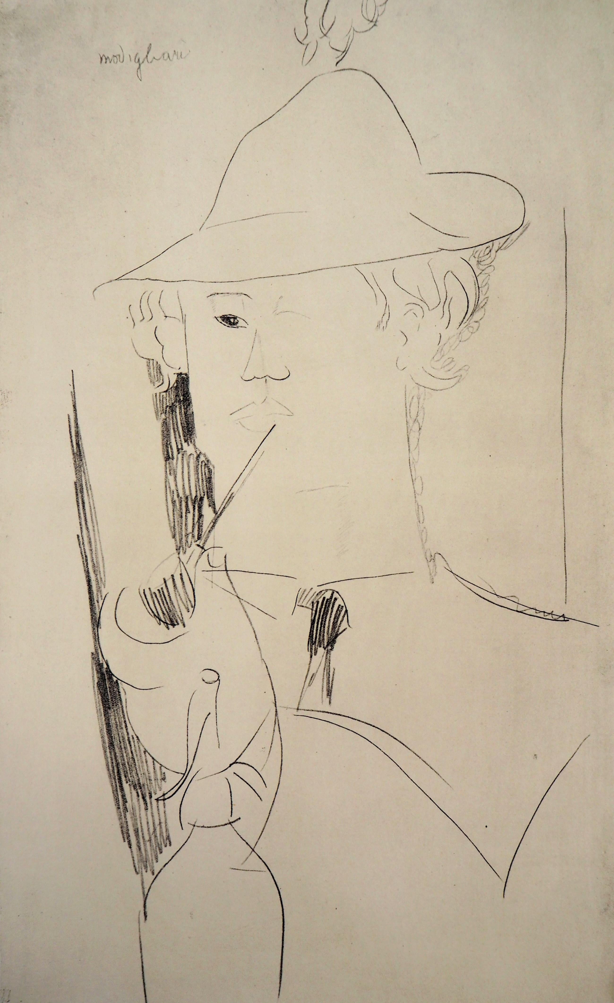 Vlaminck fumant une pipe - Lithographie signée dans l'assiette - Moderne Print par Amedeo Modigliani