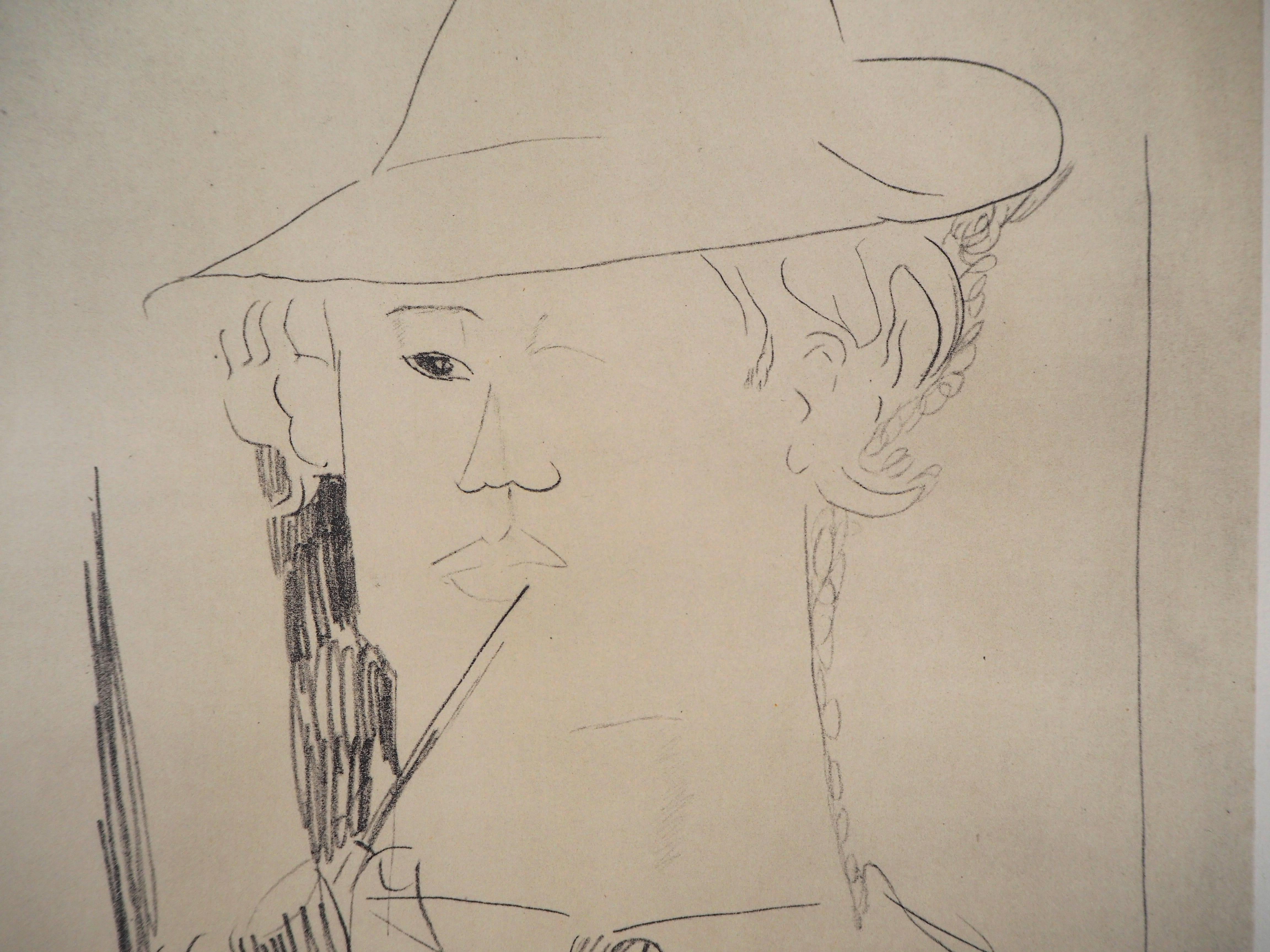 Vlaminck fumant une pipe - Lithographie signée dans l'assiette - Beige Portrait Print par Amedeo Modigliani